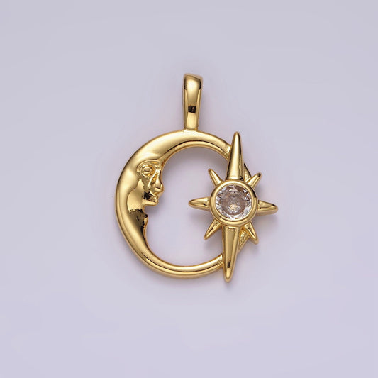 14K Gold Filled Clear CZ Celestial Star Crescent Moon Open Pendant | AA685