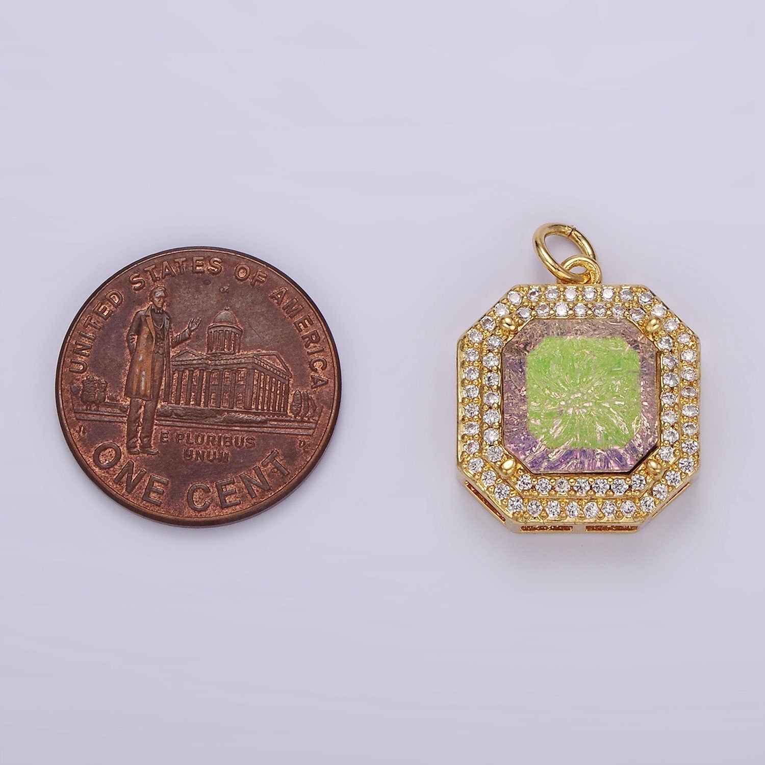 14K Gold Filled Purple Iridescent CZ Micro Paved Hexagonal Charm | AG443
