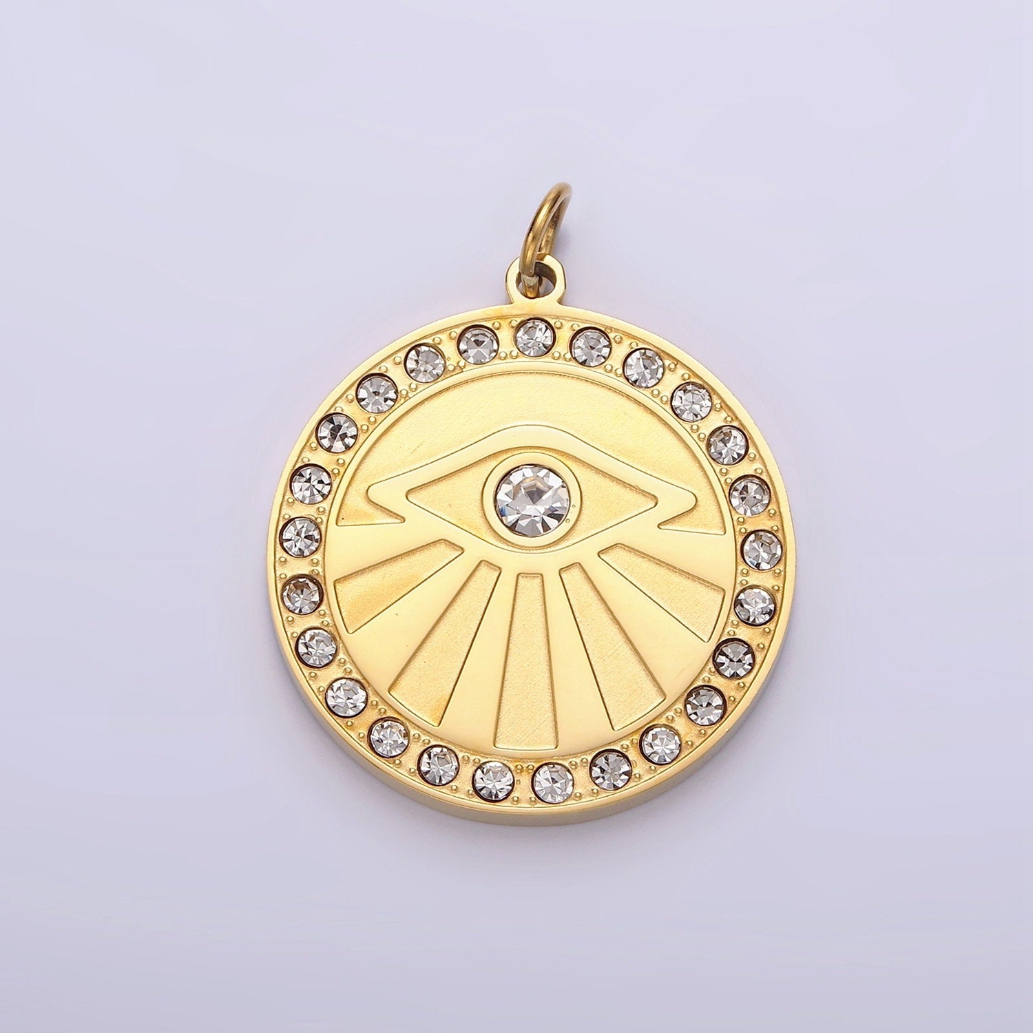 Stainless Steel Evil Eye Ray Clear CZ Lined Round Charm | P-655