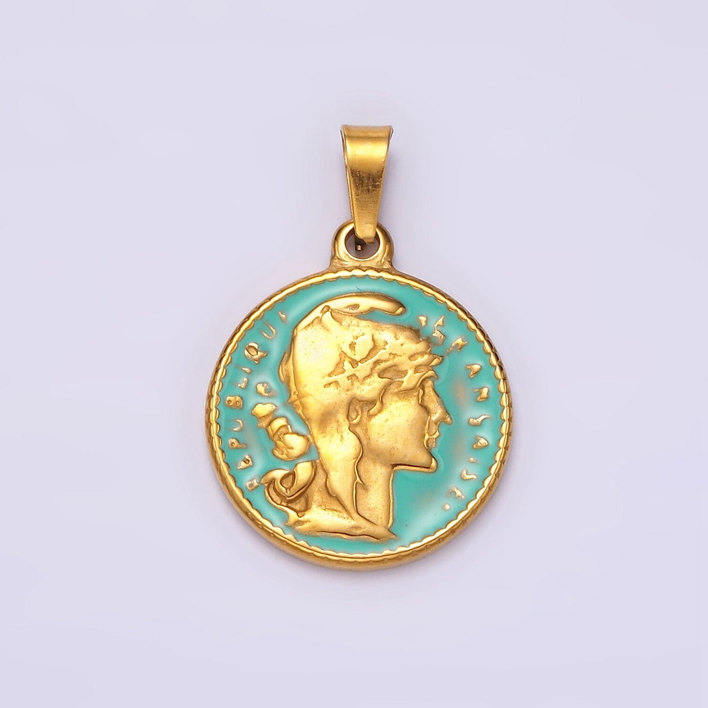 Gold Republic of Roman Coin Charm Pendant Stainless Steel Teal Enamel Pendant P835
