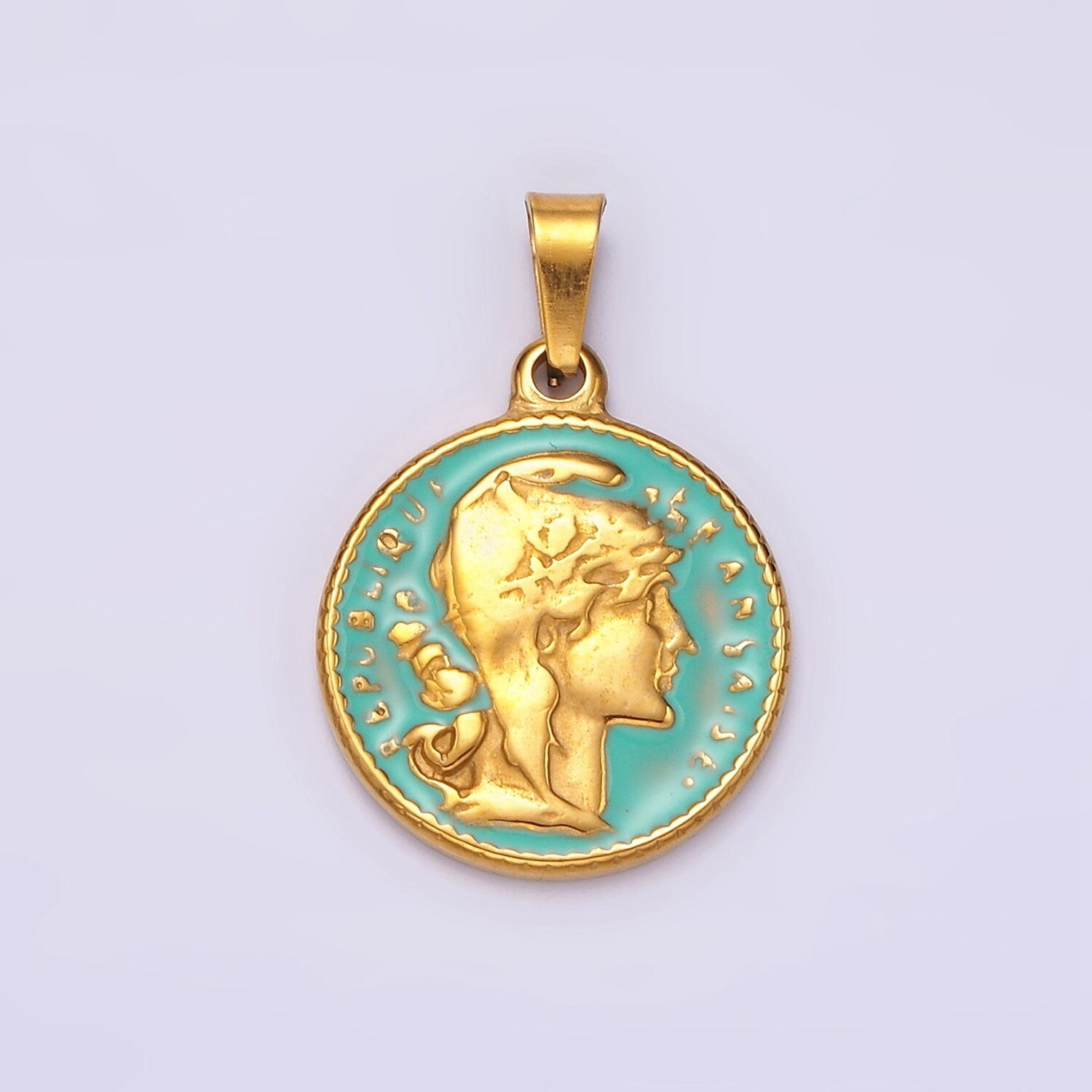 Gold Republic of Roman Coin Charm Pendant Stainless Steel Teal Enamel Pendant P835