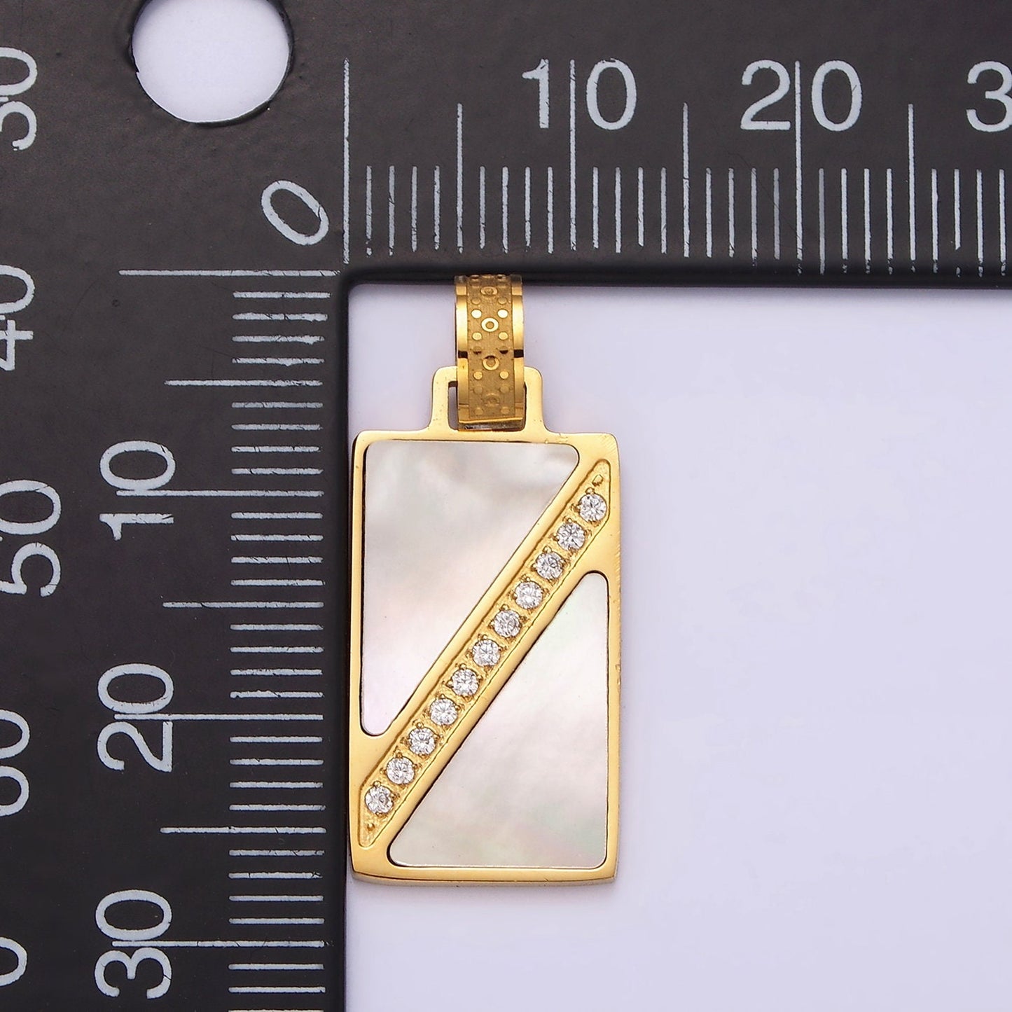 Stainless Steel Shell Pearl Clear Micro Paved CZ Lined Geometric Rectangle Tag Pendant | P837