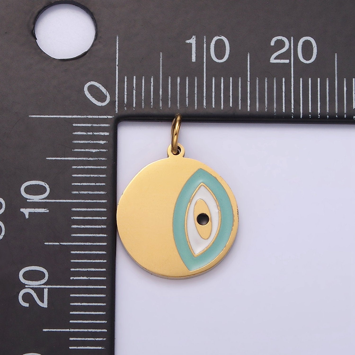 Stainless Steel Coin Charm Evil Eye Pendant Teal Enamel Medallion Charm | P656