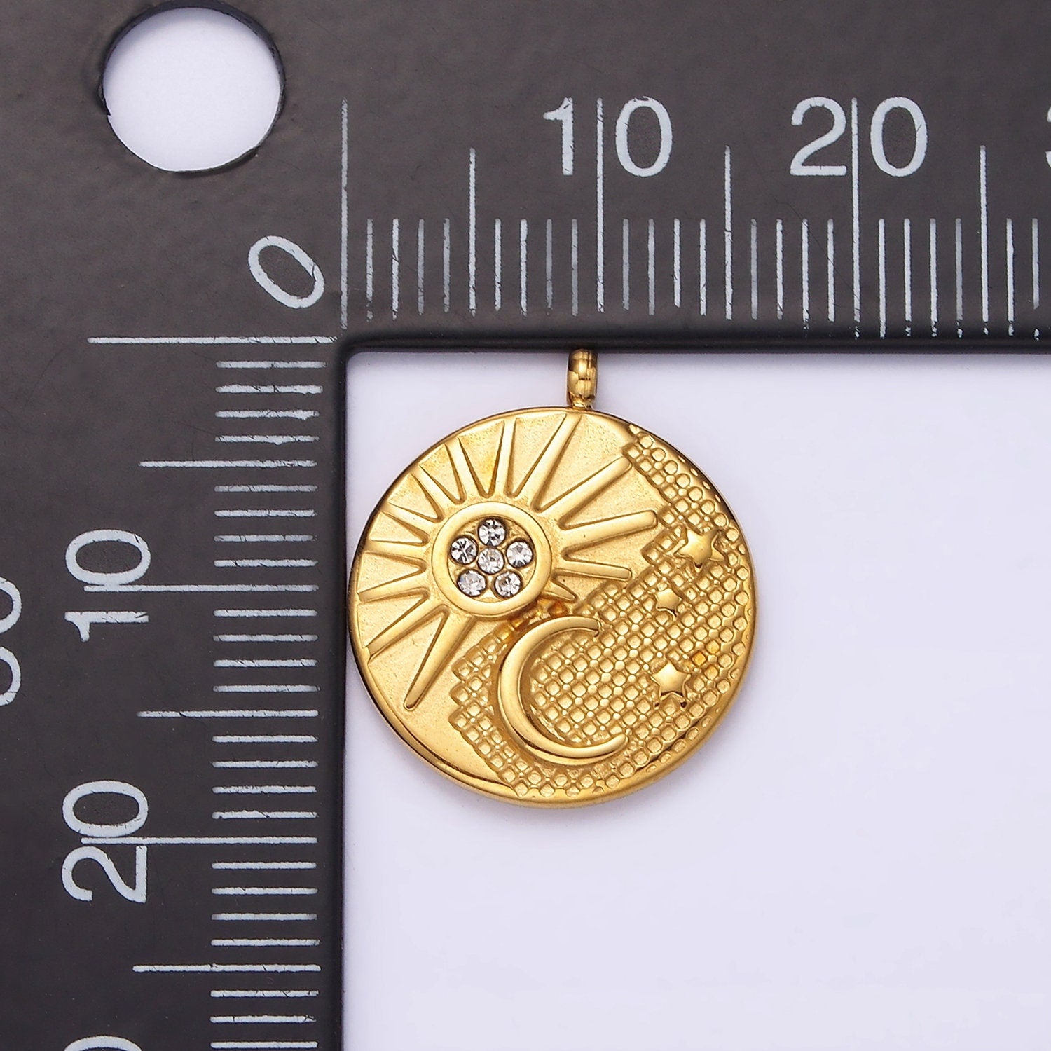 Stainless Steel Celestial Sun Crescent Moon Dotted Micro Paved CZ Double Sided Round Charm | P648