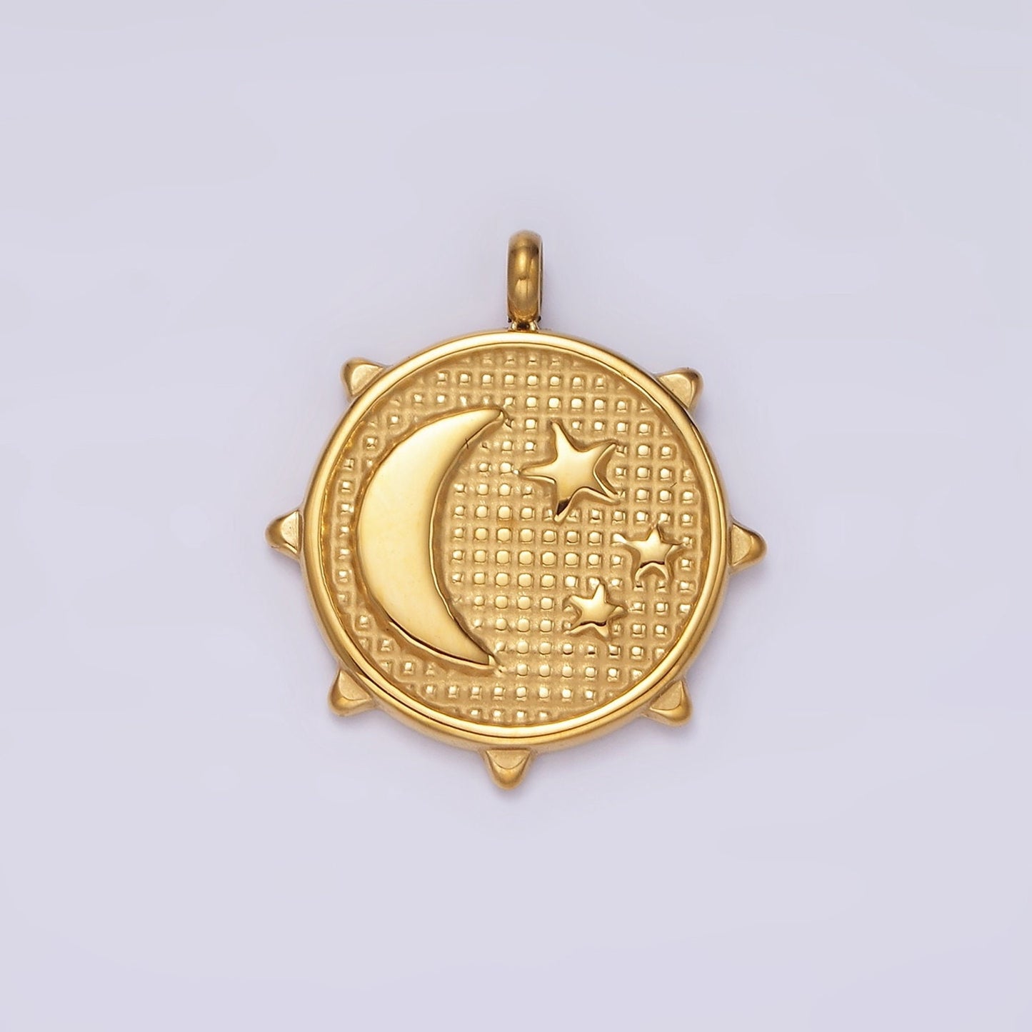 Stainless Steel Celestial Crescent Moon Triple Sun Beaded Sun Charm | P658