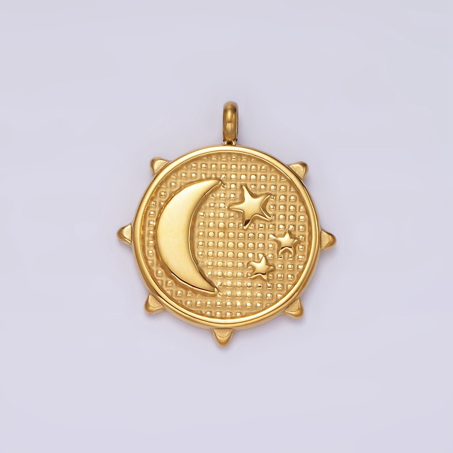 Stainless Steel Celestial Crescent Moon Triple Sun Beaded Sun Charm | P658