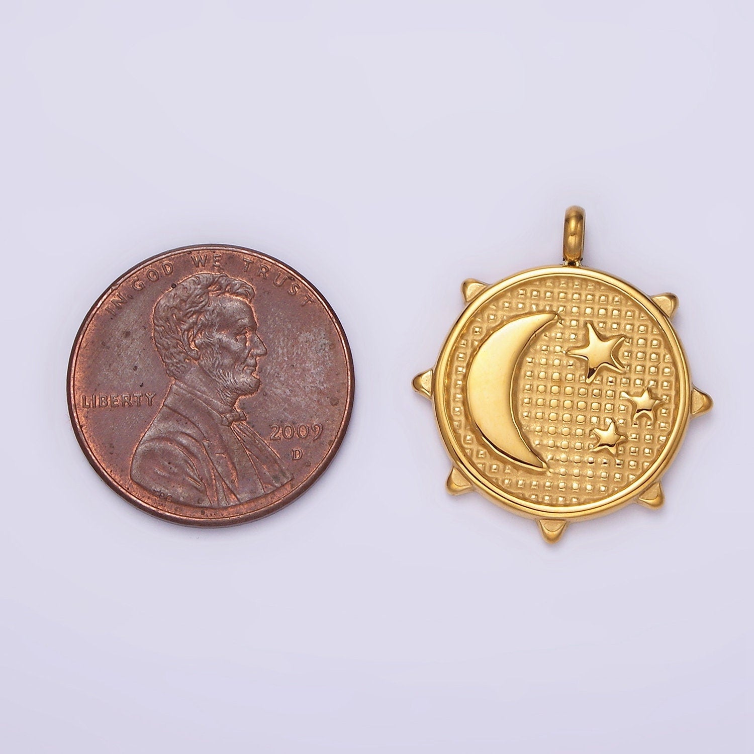 Stainless Steel Celestial Crescent Moon Triple Sun Beaded Sun Charm | P658