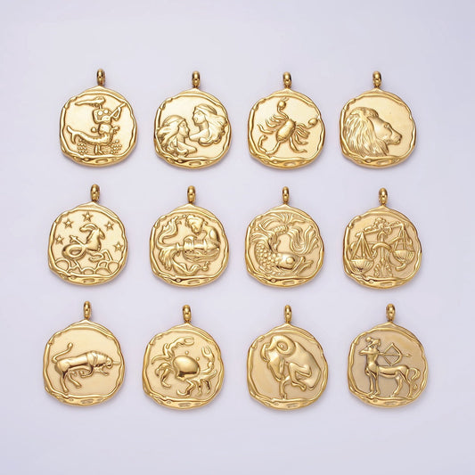 Stainless Steel Zodiac Sign Birth Month Personalized Stamped Round Charm | A1235~A1240