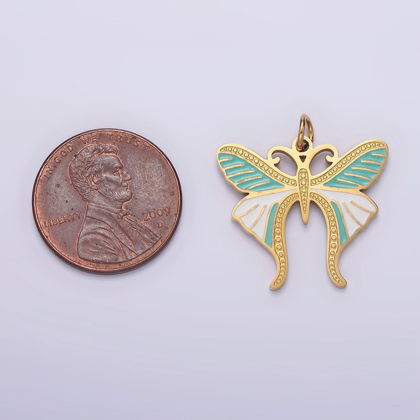 Stainless Steel Teal White Enamel Dotted Engraved Butterfly Wings Charm in Gold & Silver | P636