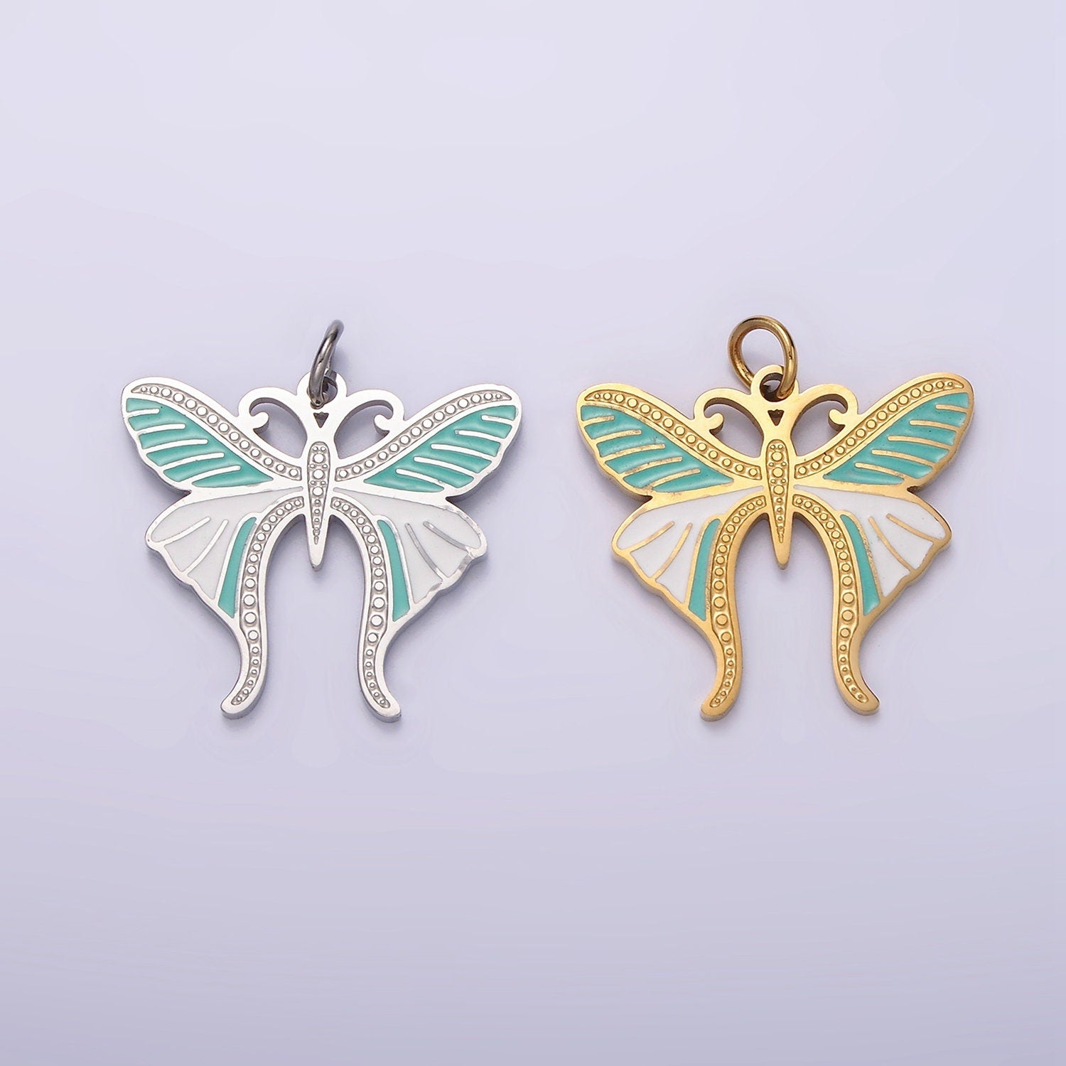 Stainless Steel Teal White Enamel Dotted Engraved Butterfly Wings Charm in Gold & Silver | P636