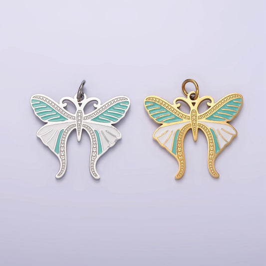 Stainless Steel Teal White Enamel Dotted Engraved Butterfly Wings Charm in Gold & Silver | P636