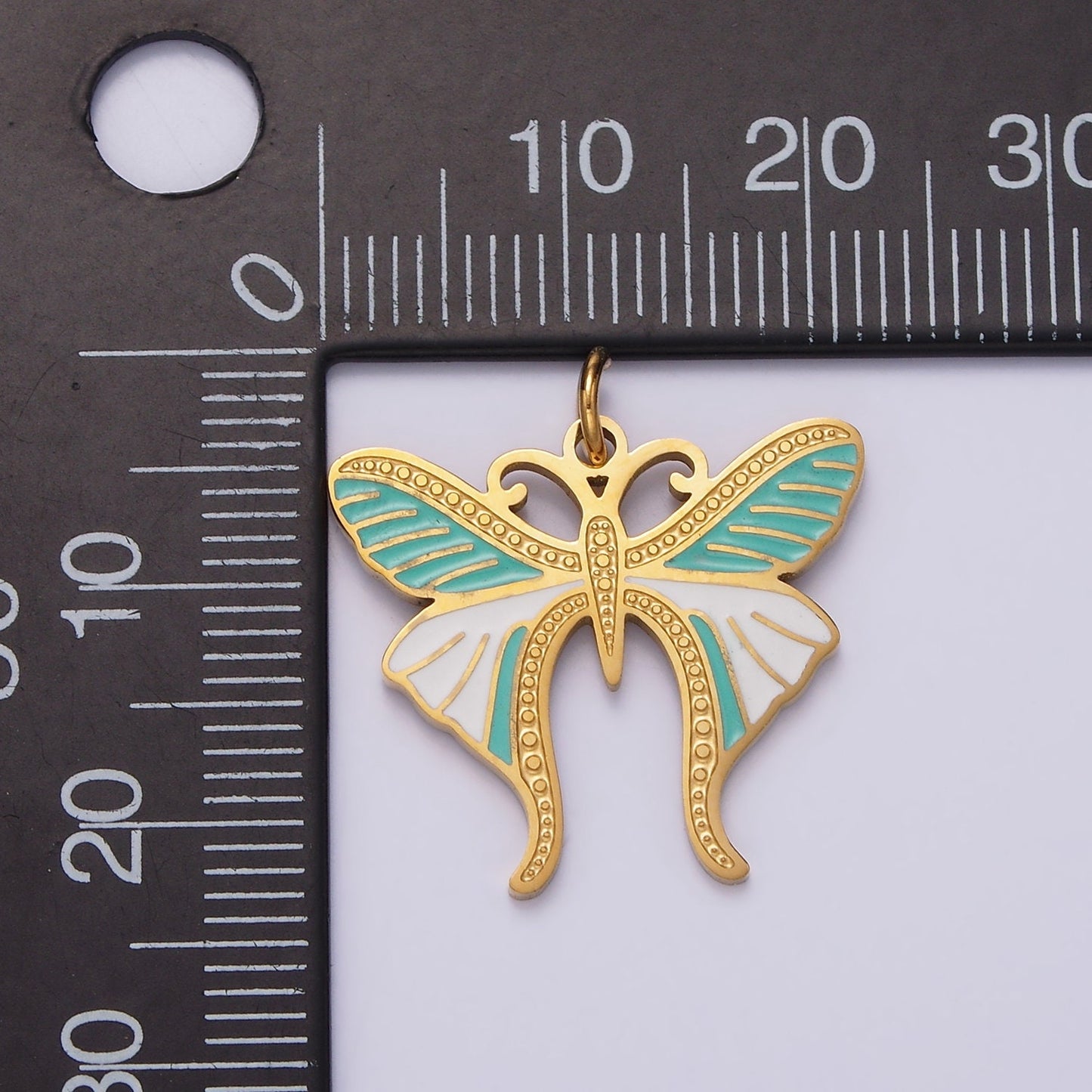 Stainless Steel Teal White Enamel Dotted Engraved Butterfly Wings Charm in Gold & Silver | P636