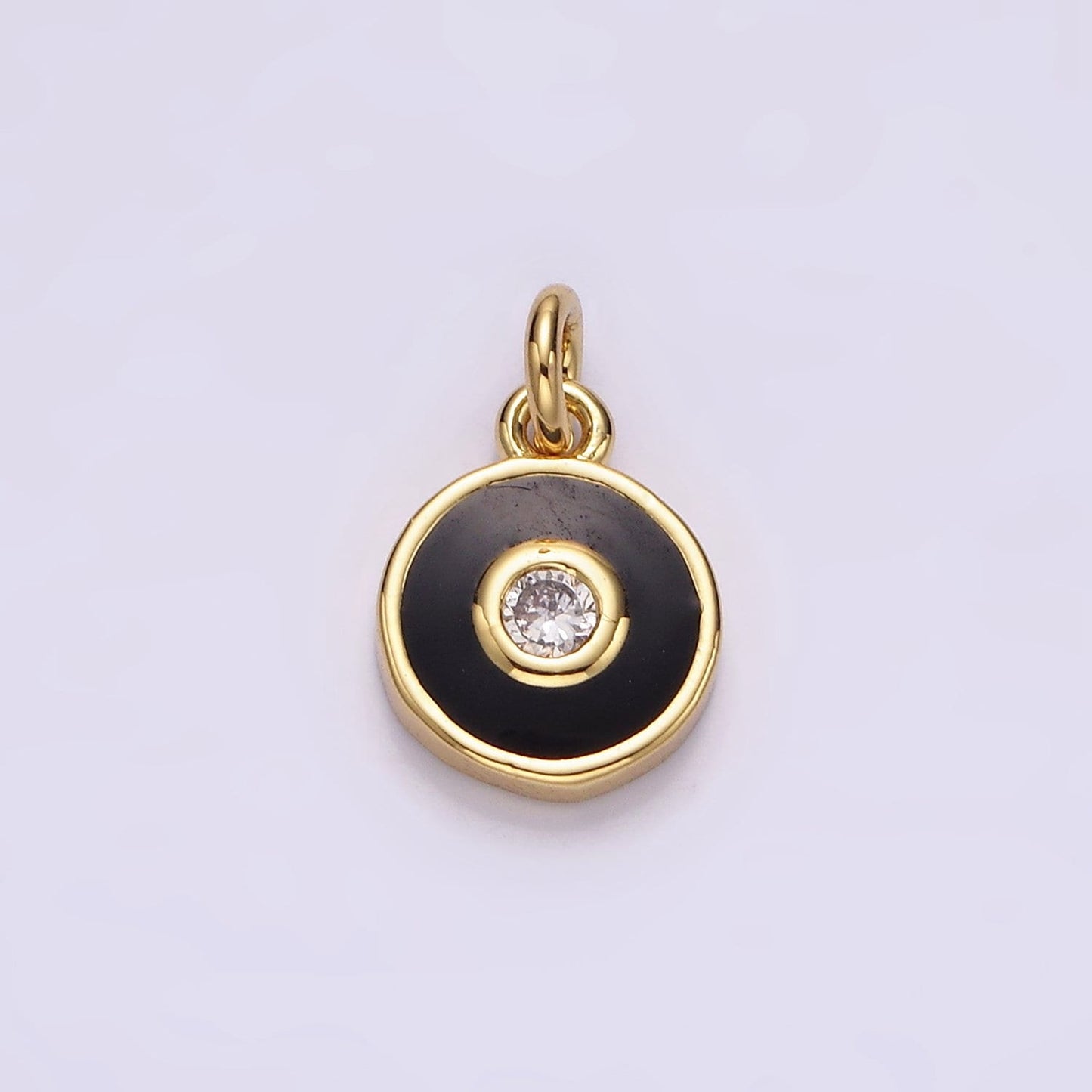 Mini Black Enamel Round Charm, Gold Filled CZ Charm Add on Jewelry Pendants Cubic Zirconia AC905