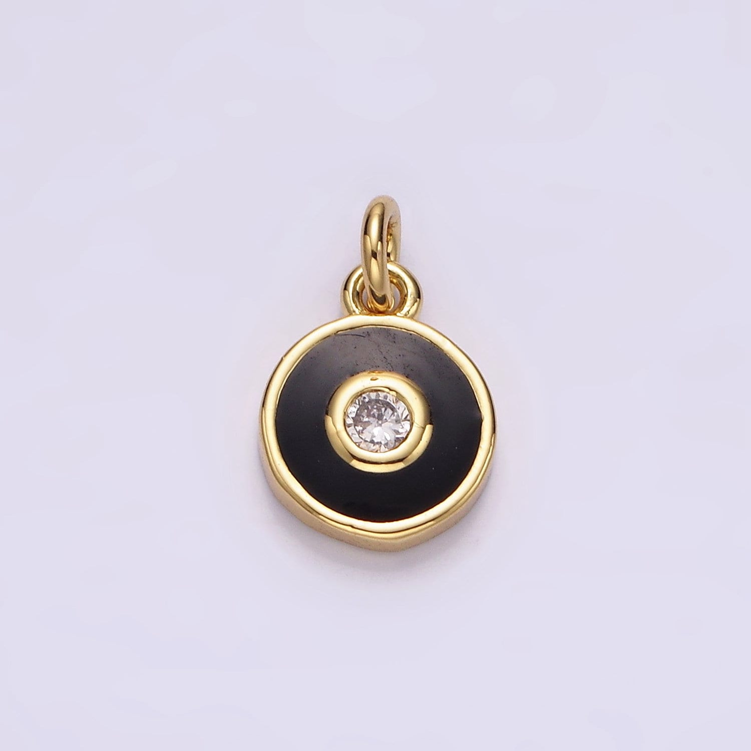 Mini Black Enamel Round Charm, Gold Filled CZ Charm Add on Jewelry Pendants Cubic Zirconia AC905