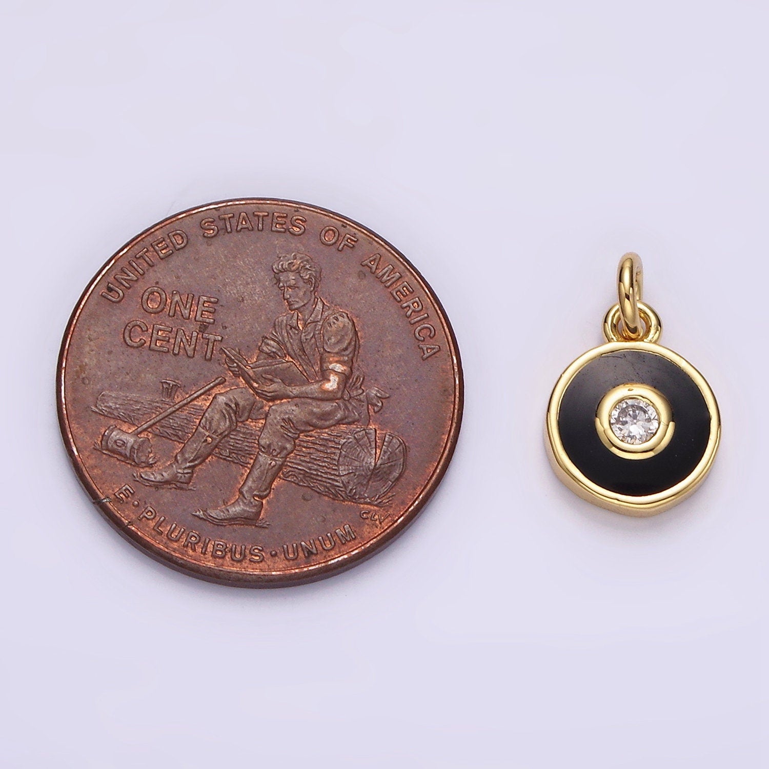 Mini Black Enamel Round Charm, Gold Filled CZ Charm Add on Jewelry Pendants Cubic Zirconia AC905