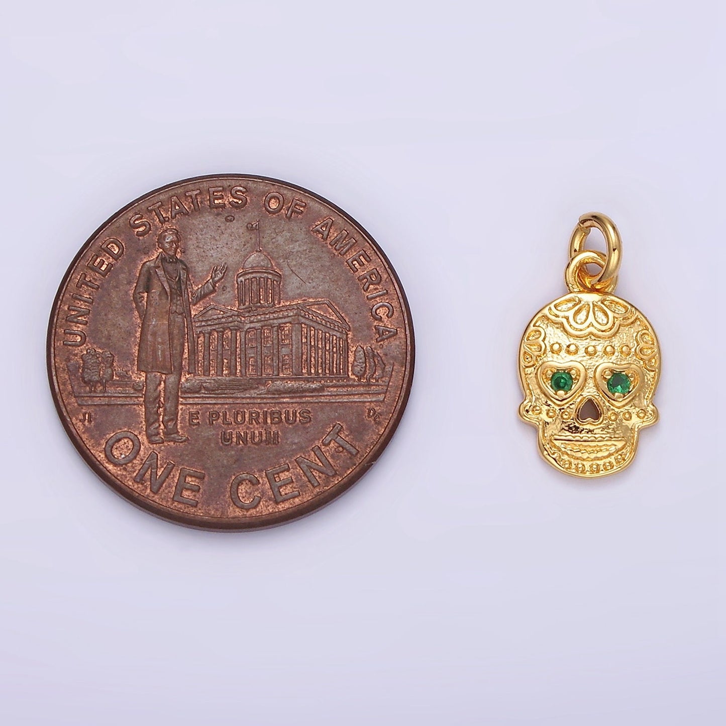 16K Gold Filled Green CZ Heart-Eyed Calavera Skeleton Skull Charm | AC851