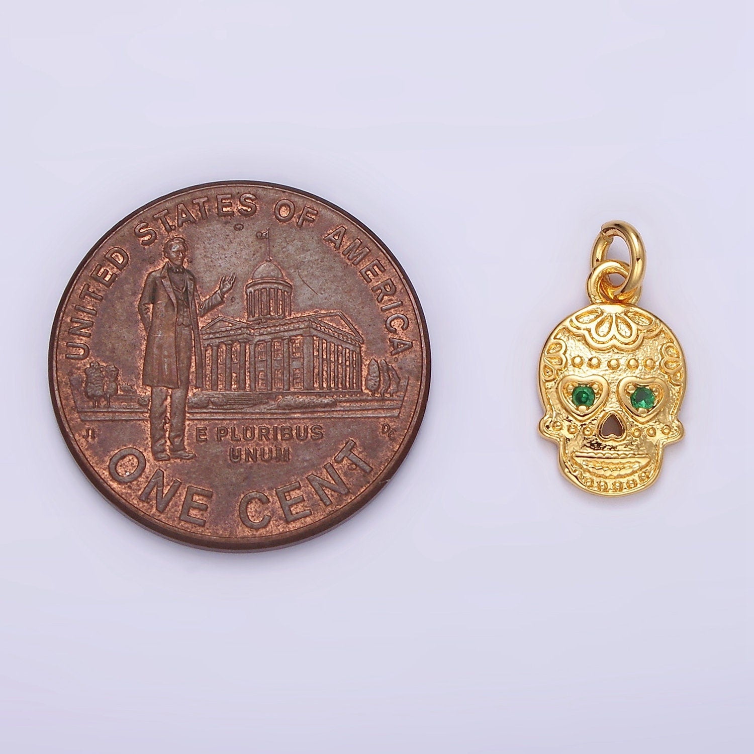 16K Gold Filled Green CZ Heart-Eyed Calavera Skeleton Skull Charm | AC851