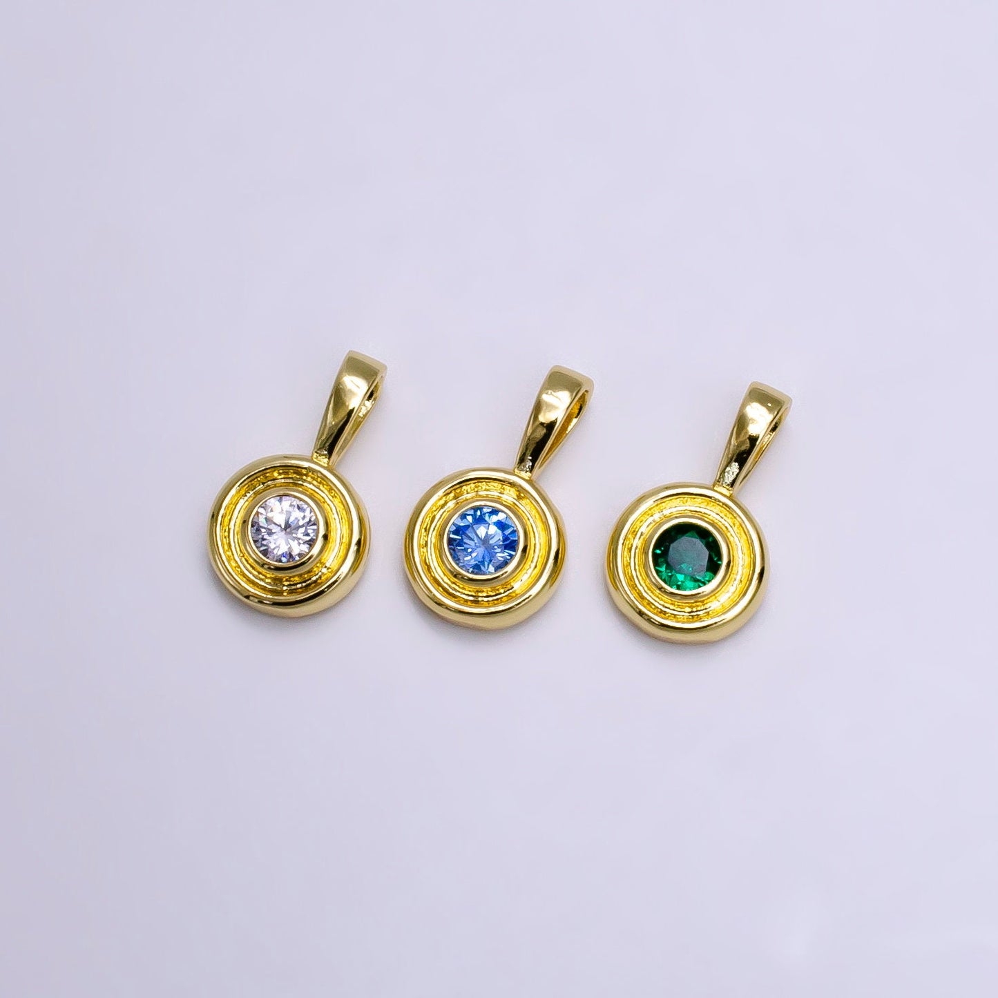14K Gold Filled Clear, Green, Blue CZ Bezel Round Circle Lined Pendant | N1970 - N1972
