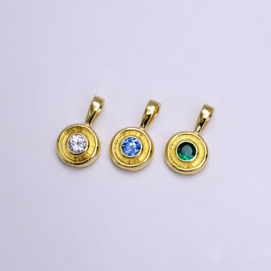 14K Gold Filled Clear, Green, Blue CZ Bezel Round Circle Lined Pendant | N1970 - N1972