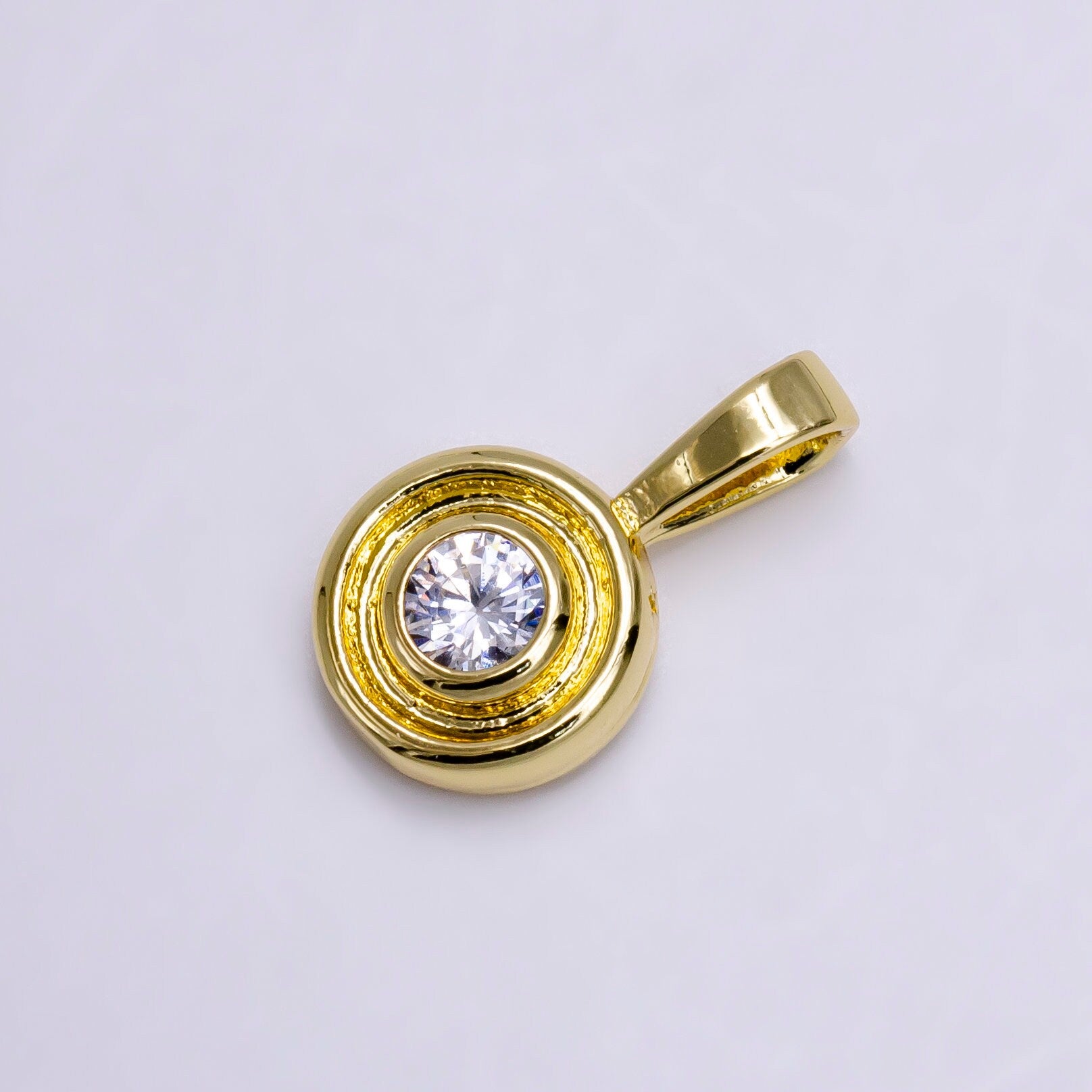 14K Gold Filled Clear, Green, Blue CZ Bezel Round Circle Lined Pendant | N1970 - N1972