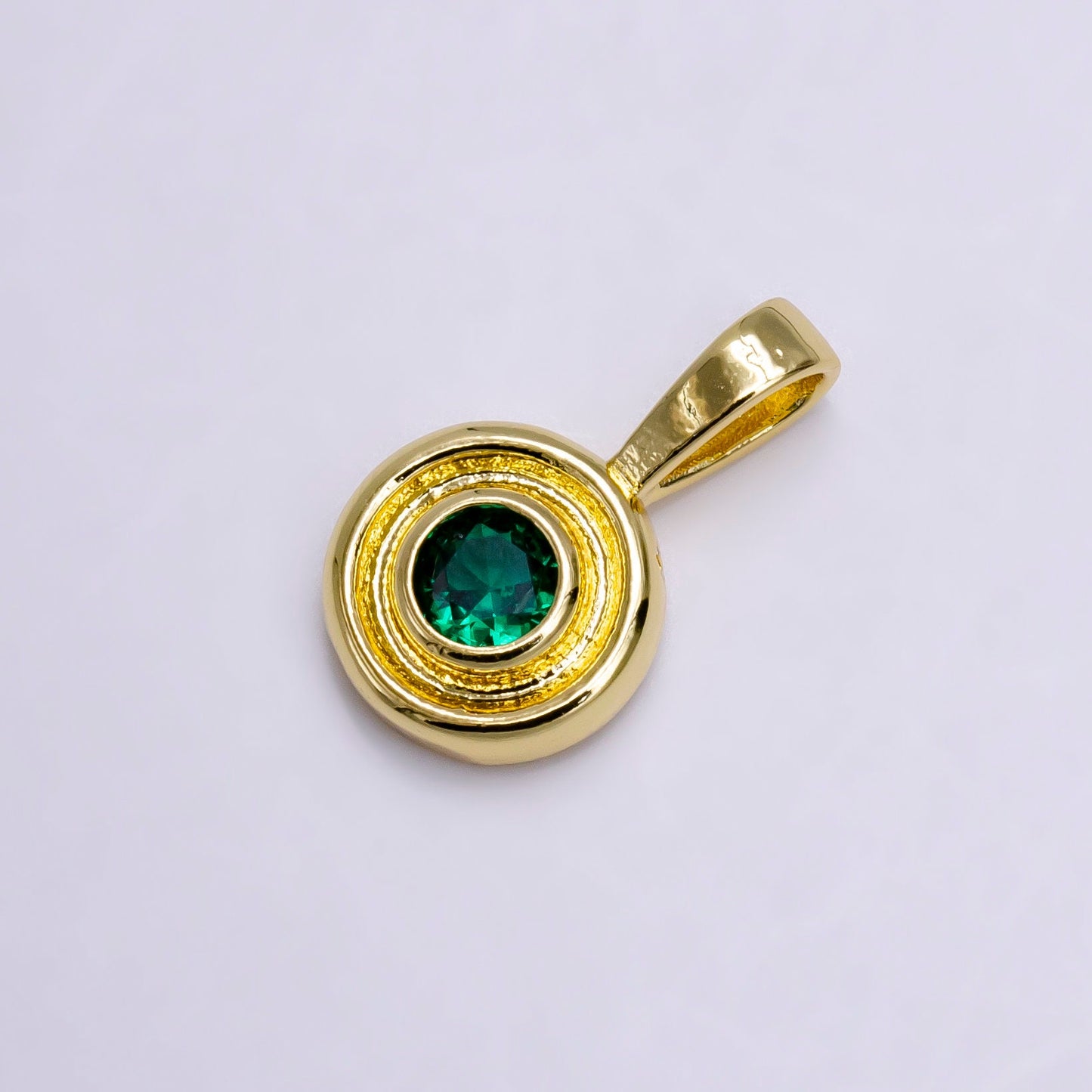 14K Gold Filled Clear, Green, Blue CZ Bezel Round Circle Lined Pendant | N1970 - N1972