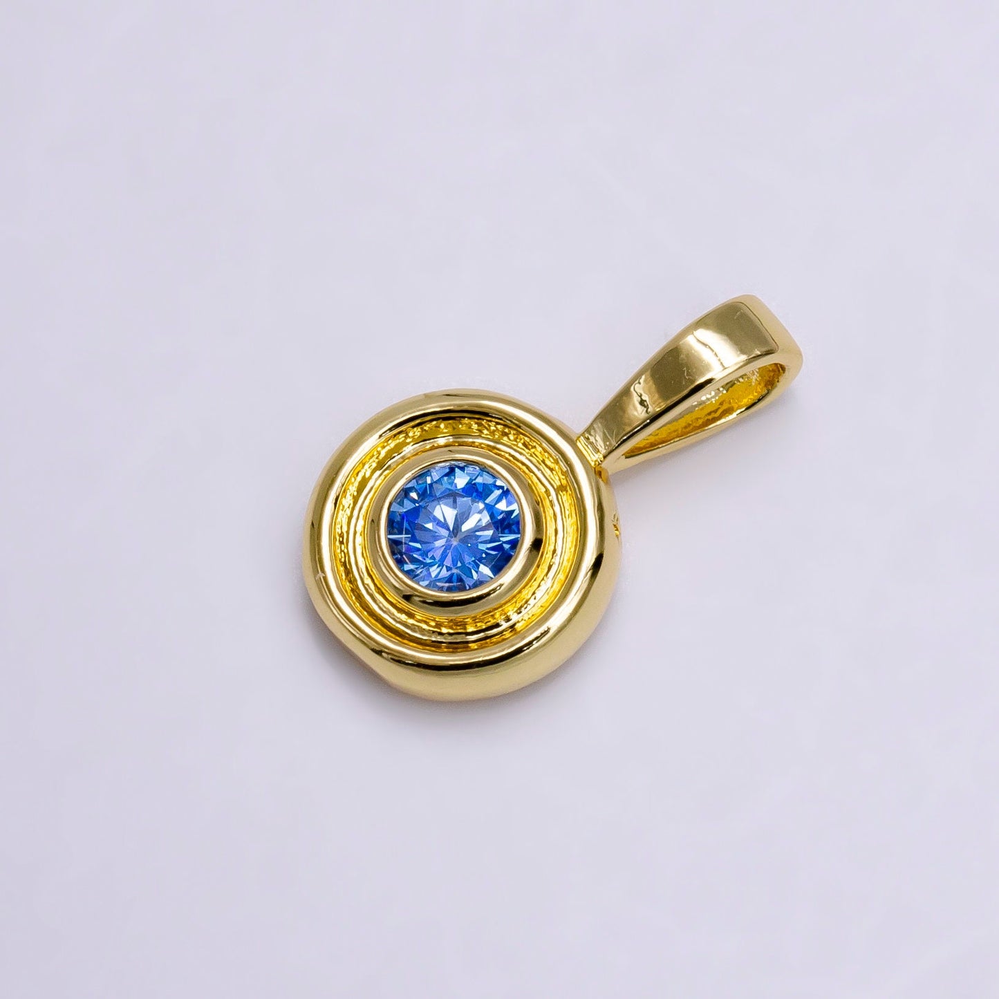 14K Gold Filled Clear, Green, Blue CZ Bezel Round Circle Lined Pendant | N1970 - N1972