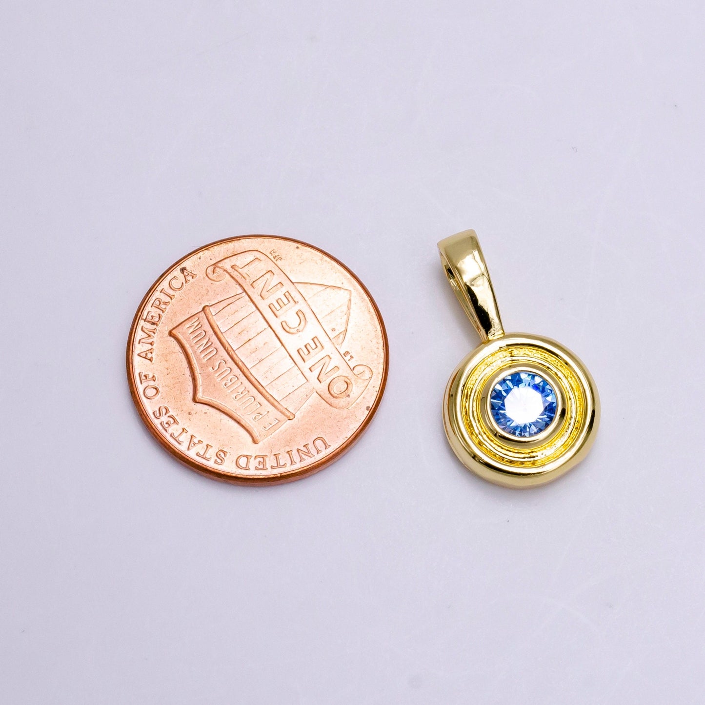 14K Gold Filled Clear, Green, Blue CZ Bezel Round Circle Lined Pendant | N1970 - N1972