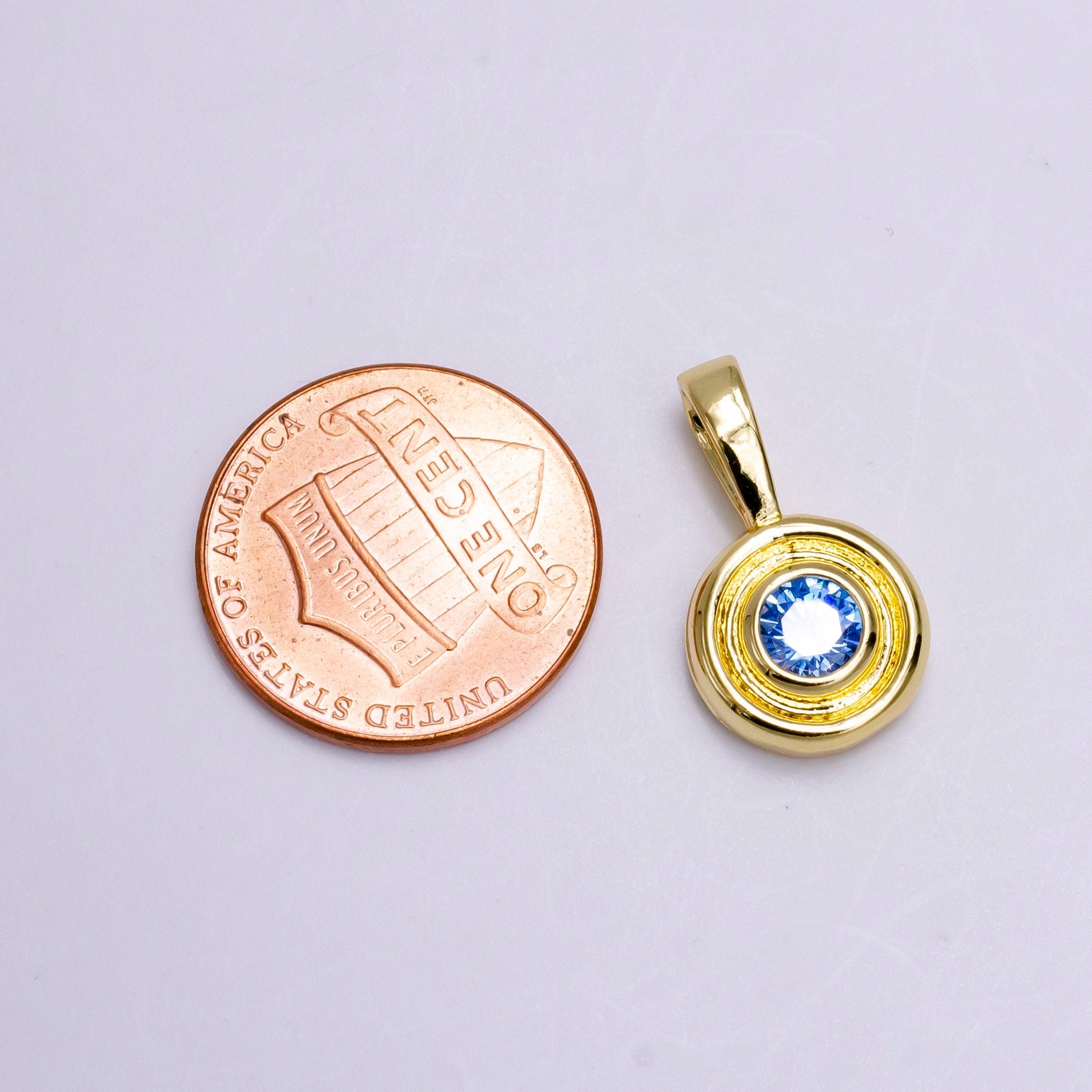 14K Gold Filled Clear, Green, Blue CZ Bezel Round Circle Lined Pendant | N1970 - N1972
