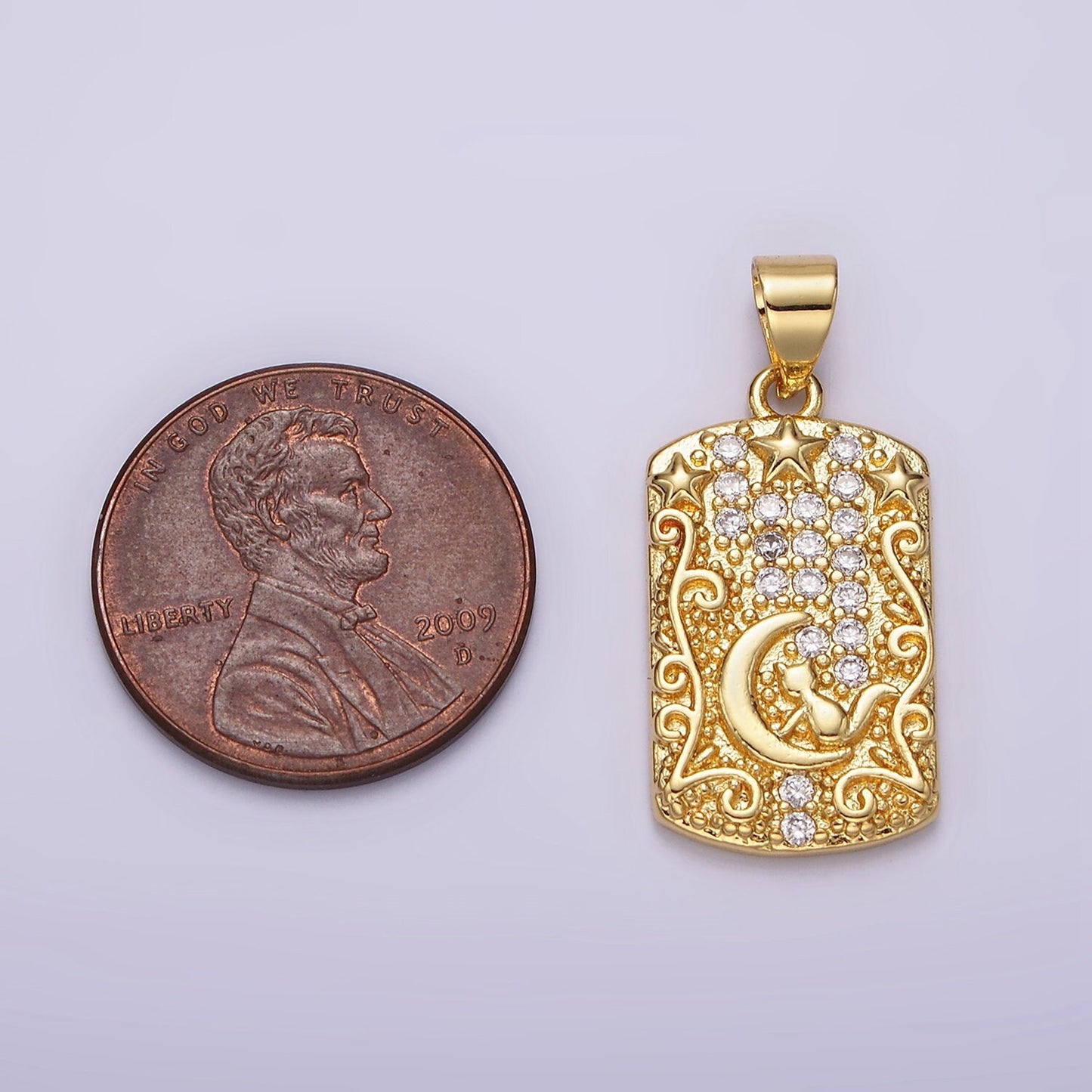16K Gold Filled Cat Animal Celestial Crescent Moon Clear CZ Micro Paved Rectangular Tag Pendant | AA082