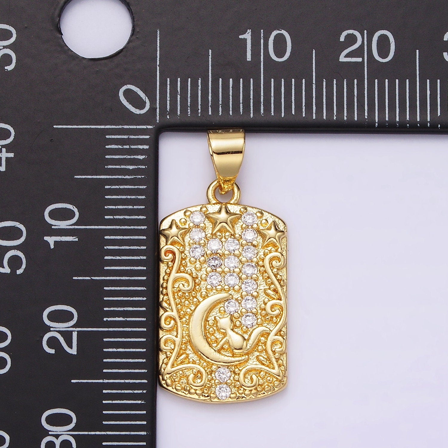 16K Gold Filled Cat Animal Celestial Crescent Moon Clear CZ Micro Paved Rectangular Tag Pendant | AA082