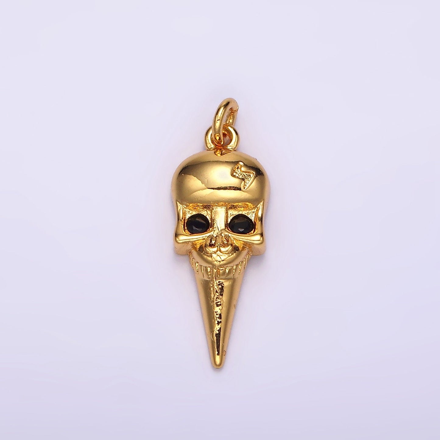 16K Gold Filled Black CZ Eyed Lightning Bolt Skeleton Skull Spiked Charm | AC857