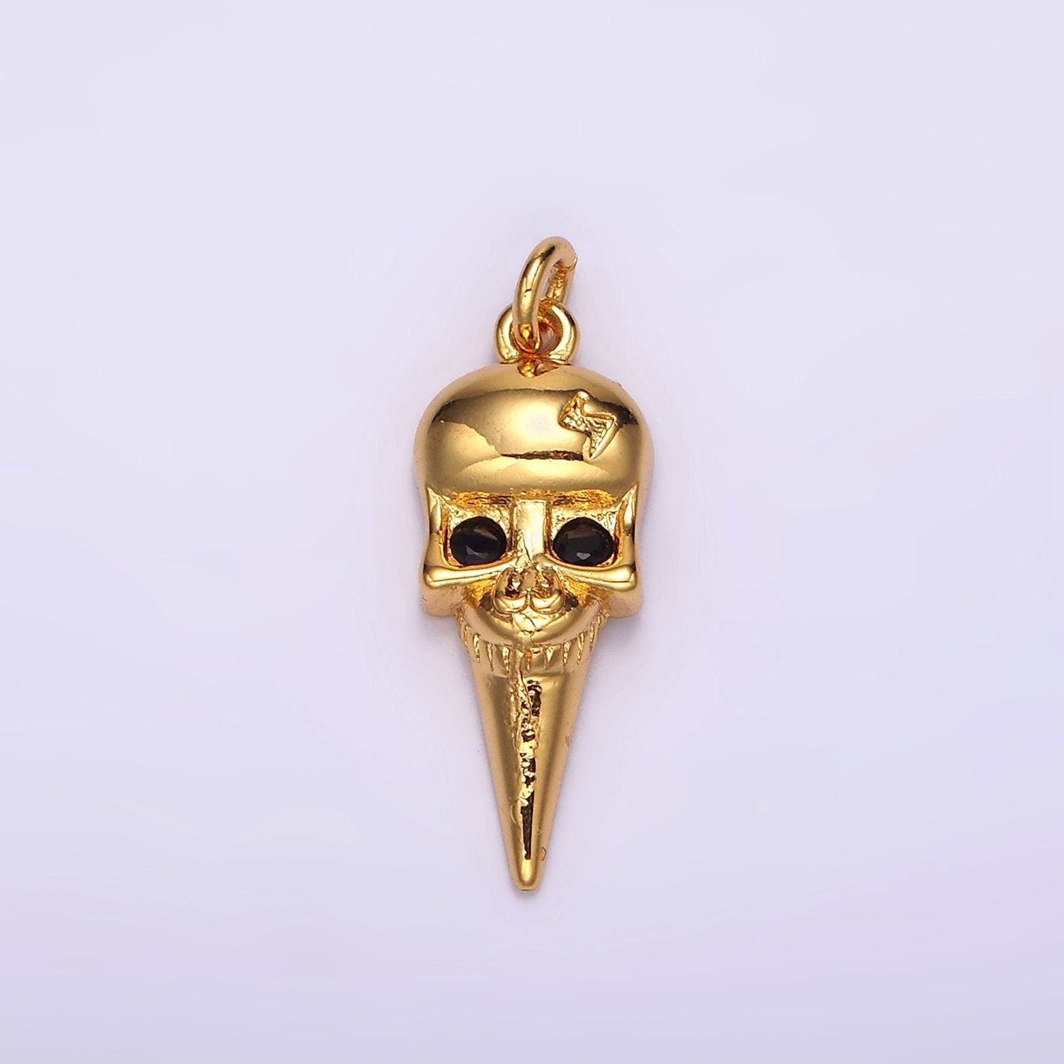 16K Gold Filled Black CZ Eyed Lightning Bolt Skeleton Skull Spiked Charm | AC857