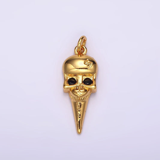 16K Gold Filled Black CZ Eyed Lightning Bolt Skeleton Skull Spiked Charm | AC857