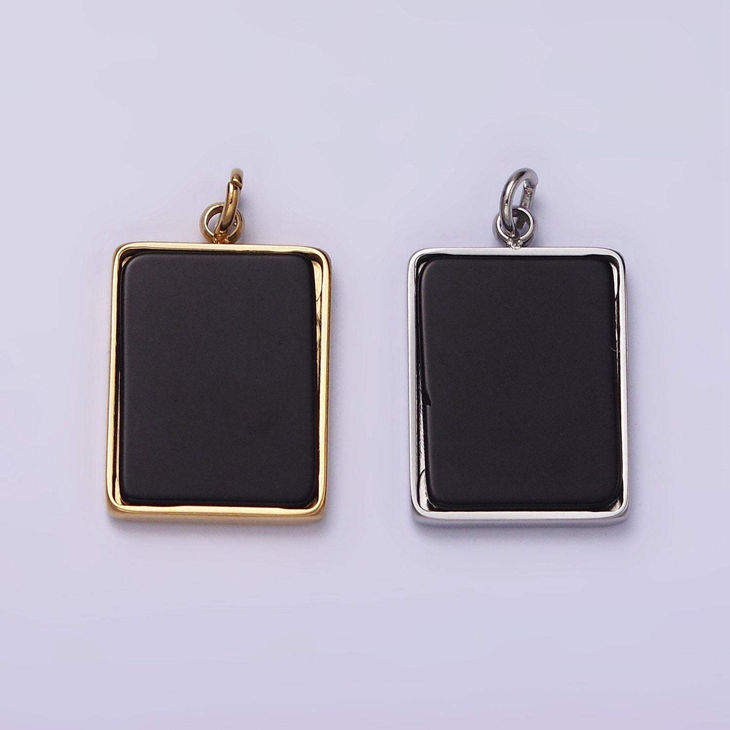Stainless Steel Black Acrylic Rectangular Tag Bezel Charm in Gold & Silver | P1313