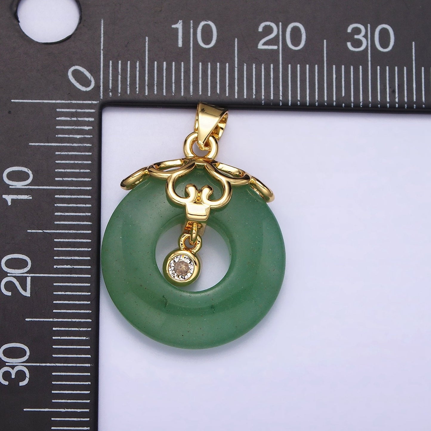 16K Gold Filled Natural Green Jade Donut Artisan Frame Clear CZ Bezel Dangle Pendant | AA532