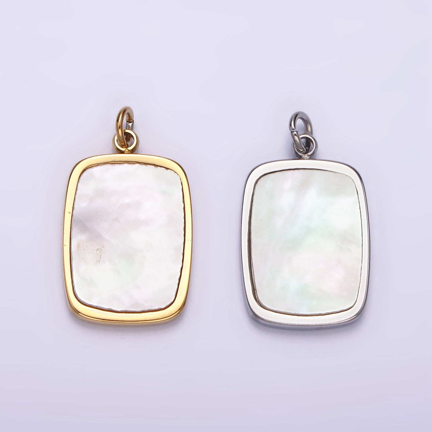 Stainless Steel 20mm Shell Pearl Rectangular Tag Bezel Charm in Gold & Silver | P1322