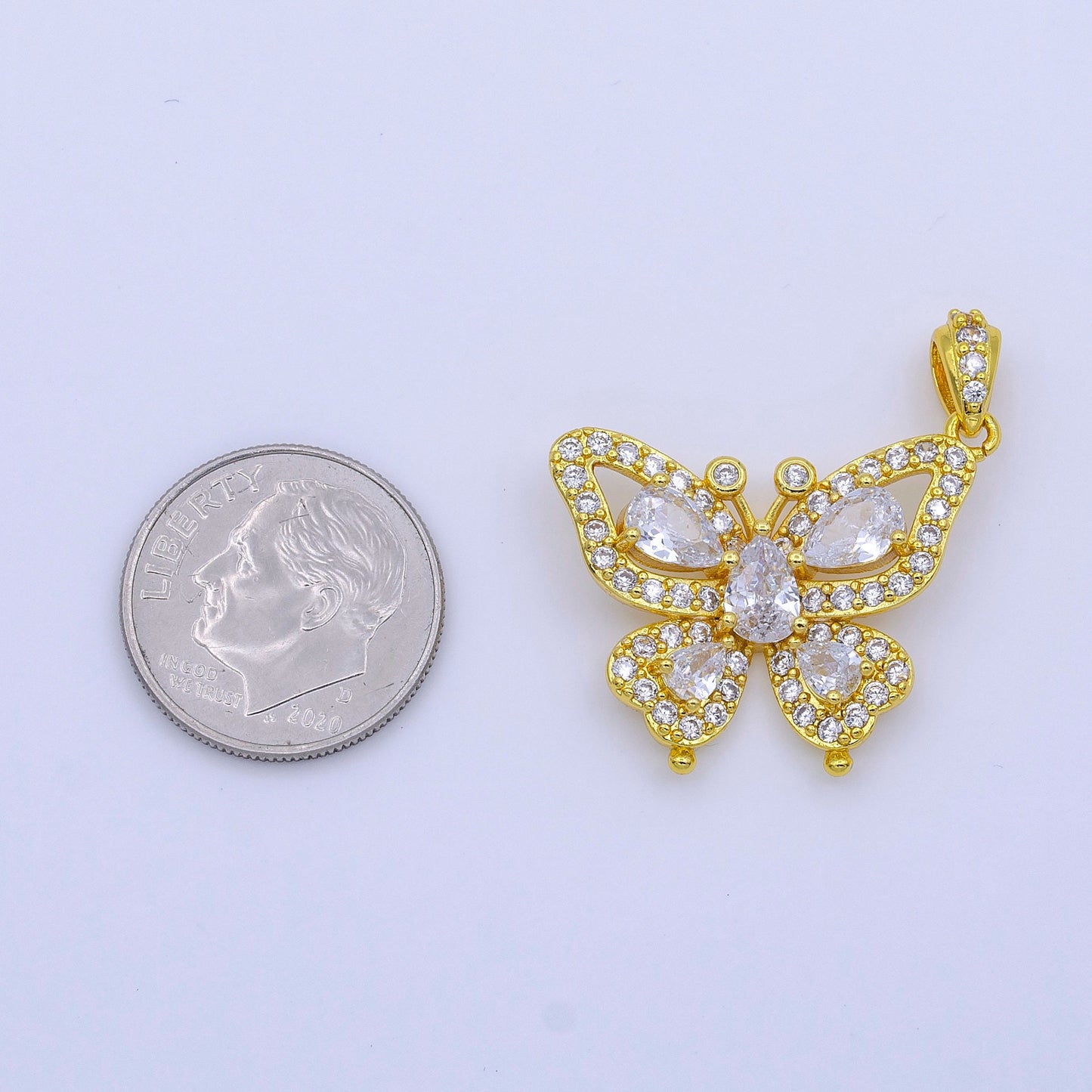 24K Gold Filled Butterfly Mariposa Wings Micro Paced Teardrop CZ Pendant | AA756