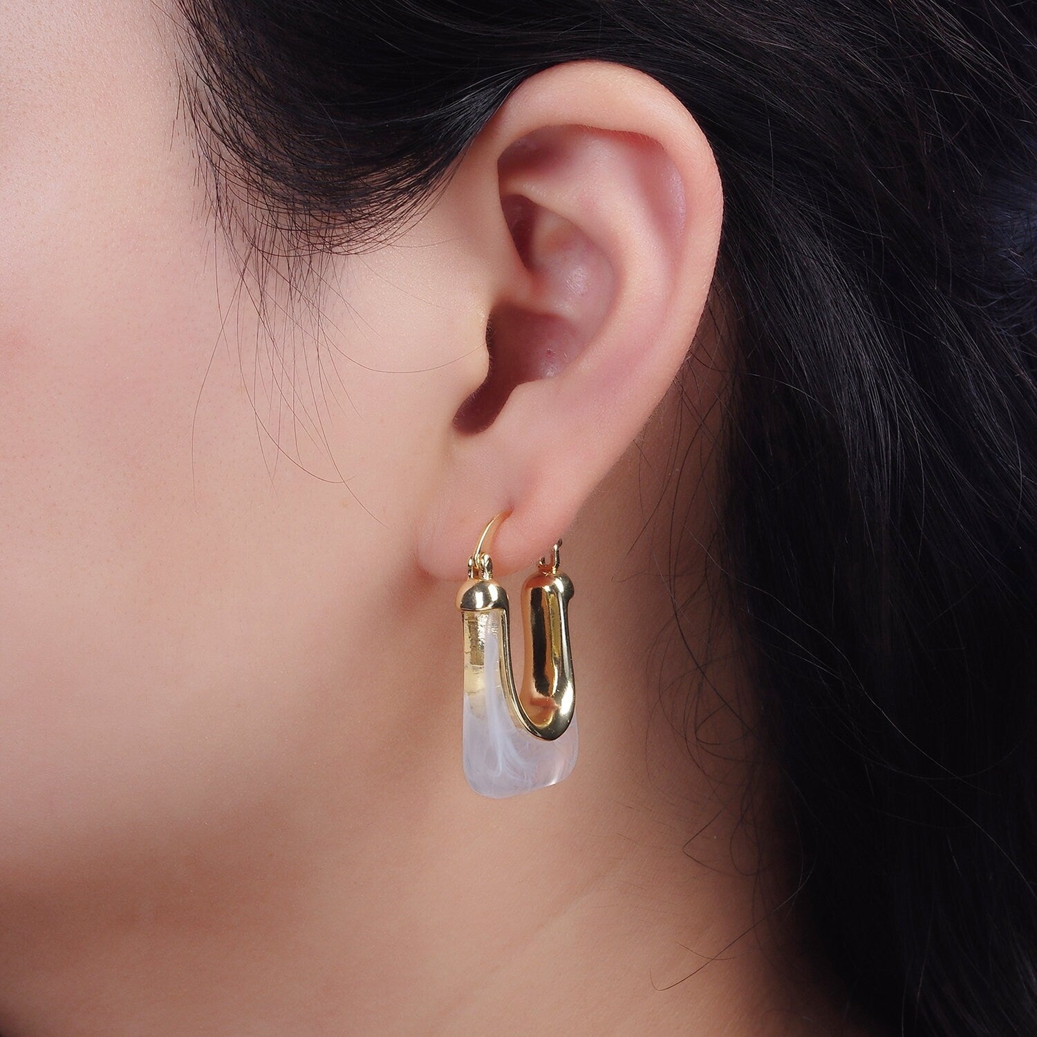 Gold Chunky Hoop Earring Clear, Grey, Cream U-Shaped Rectangular Latch Hoop Acrylic Transparent Resin Geometric Earrings AE159