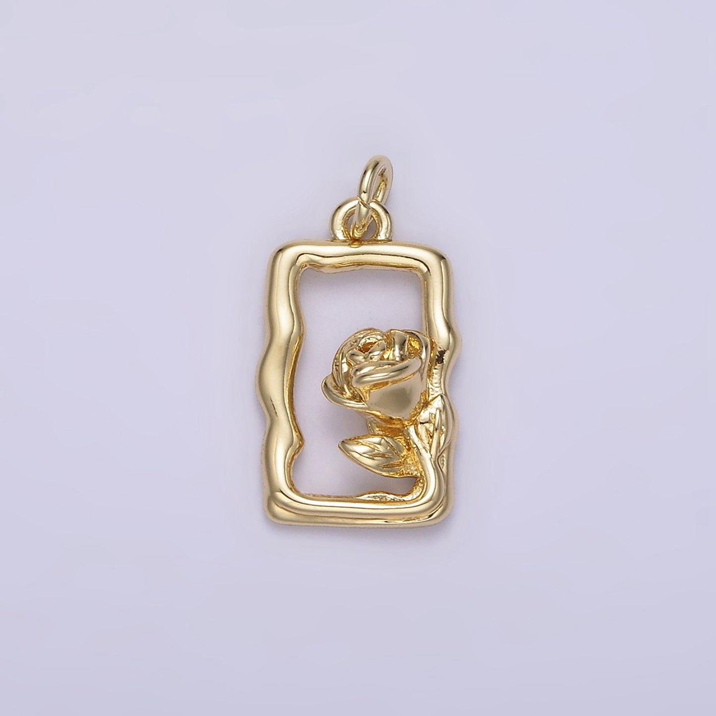 14K Gold Filled Rose Flower Open Wavy Rectangular Charm | AC898