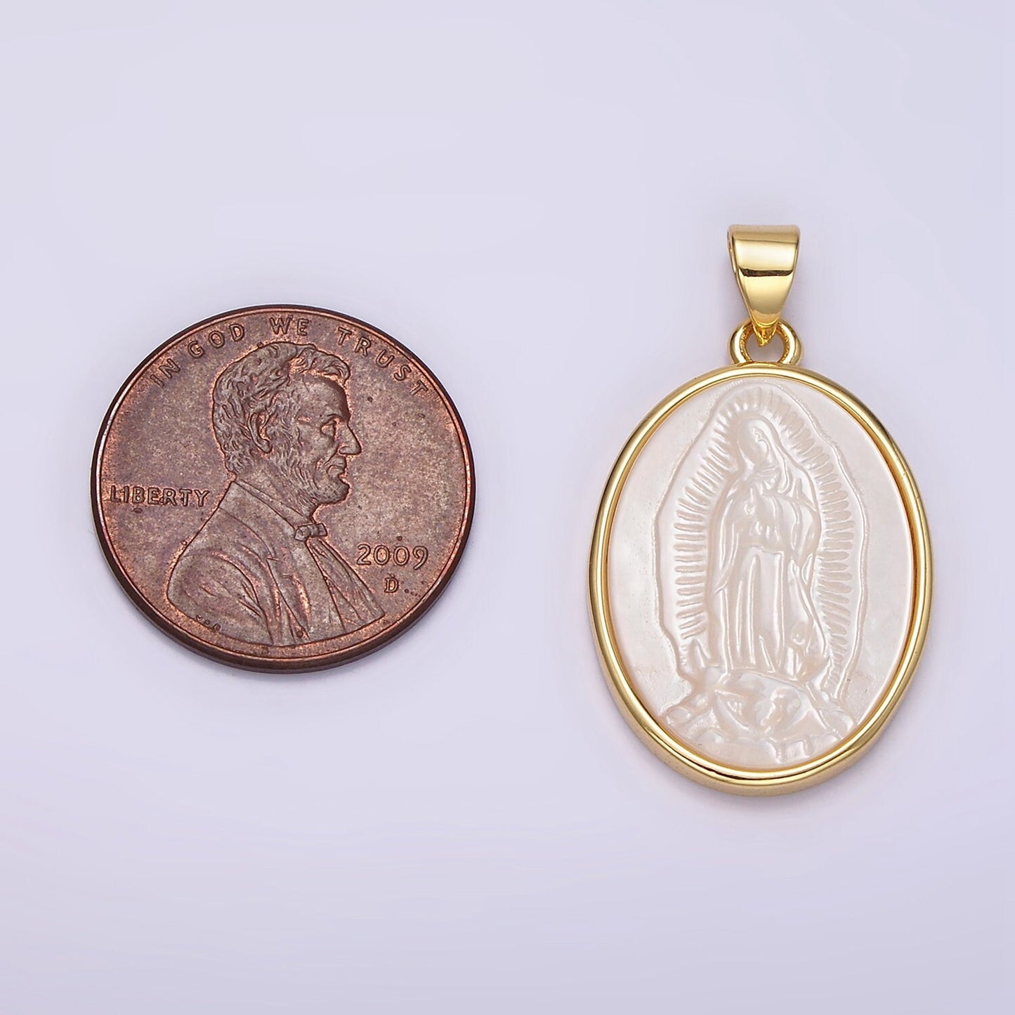 14K Gold Filled Mother Mary Lady Guadalupe Shell Pearl Oval Bezel Pendant | N1949