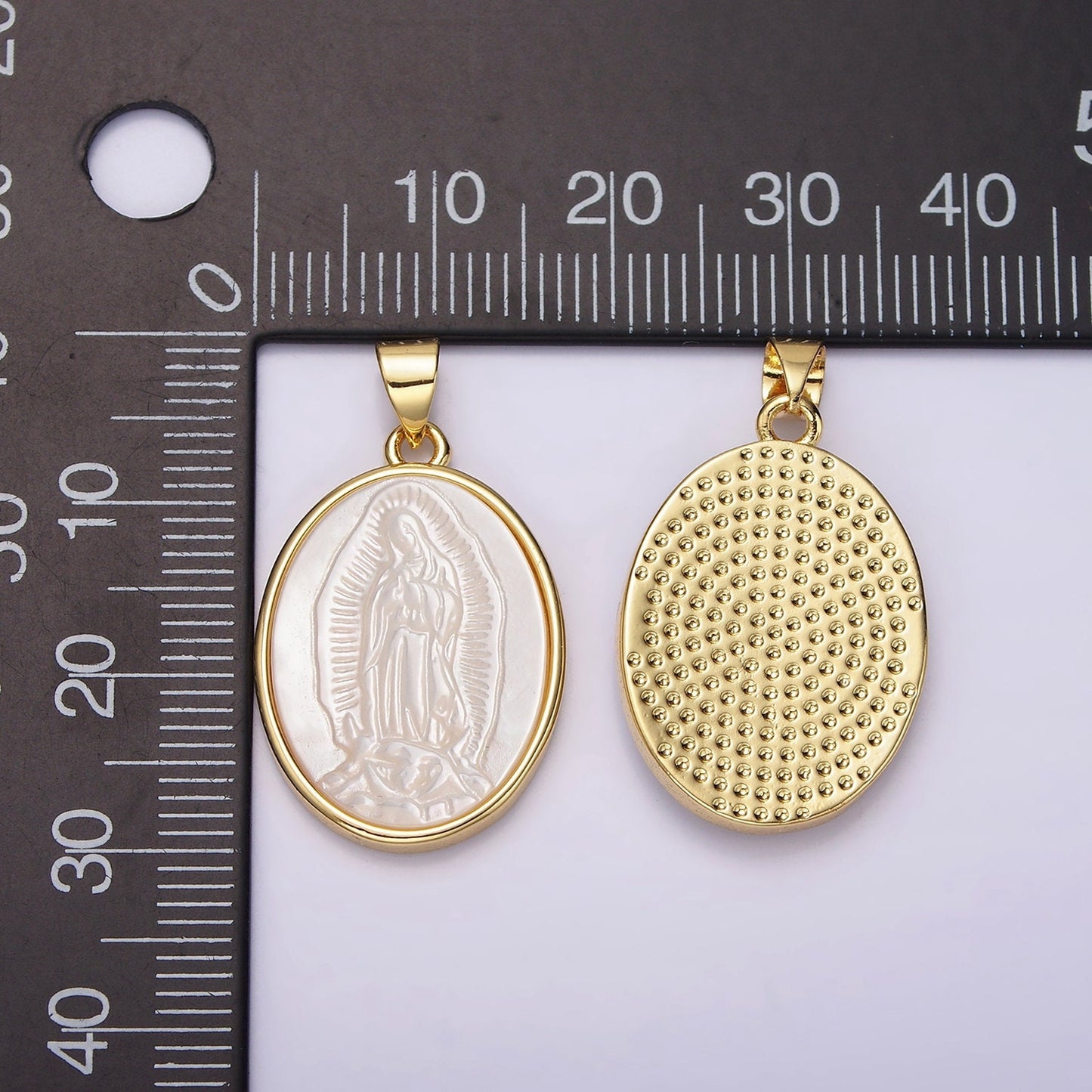 14K Gold Filled Mother Mary Lady Guadalupe Shell Pearl Oval Bezel Pendant | N1949