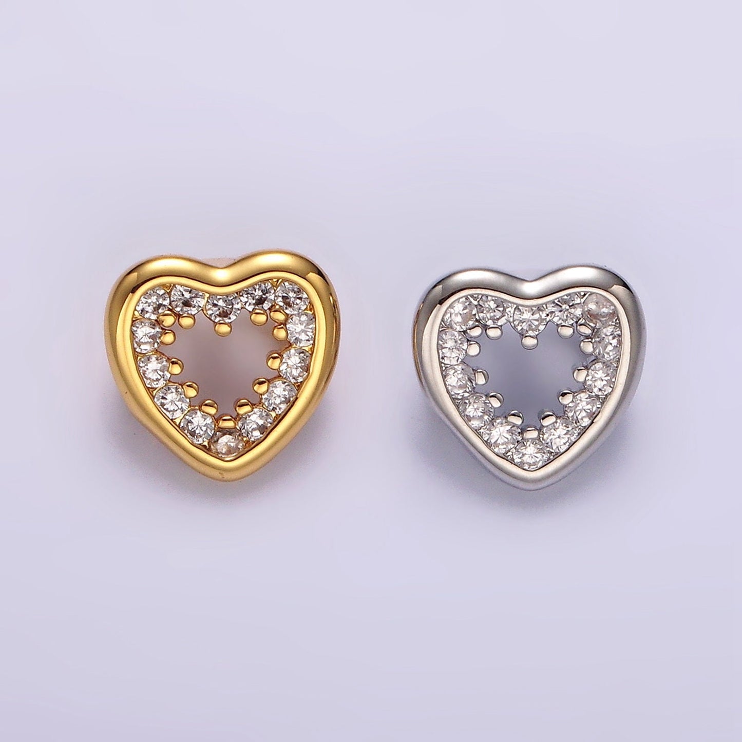 14K Gold Filled 10mm Open Heart Clear CZ Micro Paved Back Loop Pendant in Gold & Silver | I-084 I-085