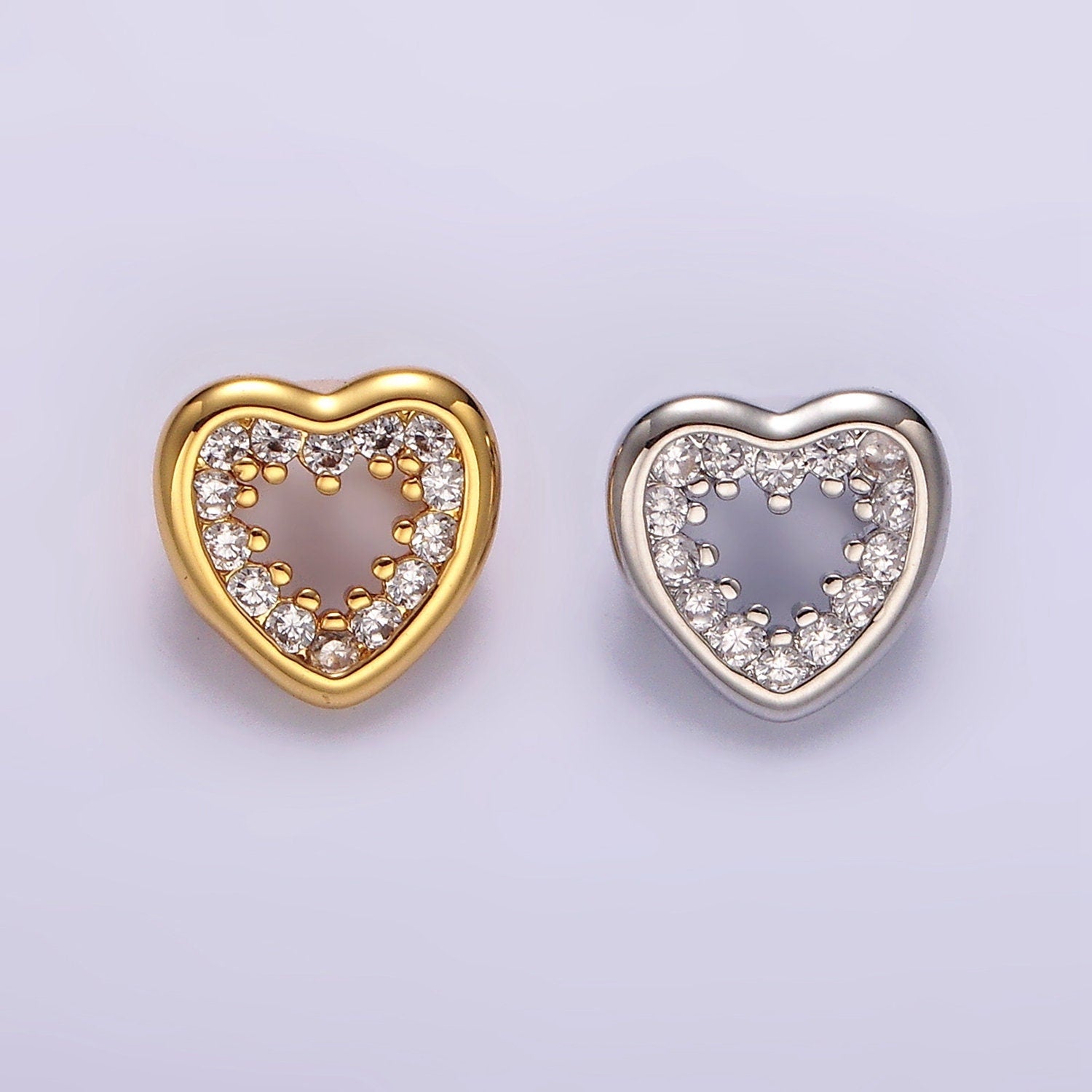 14K Gold Filled 10mm Open Heart Clear CZ Micro Paved Back Loop Pendant in Gold & Silver | I-084 I-085