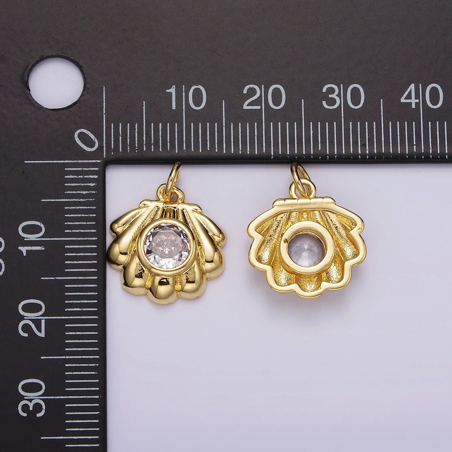 14K Gold Filled 19x14.6mm Sea Shell Clam with Clear CZ Stone for Beach Inspired Add-On Charm | AG-527