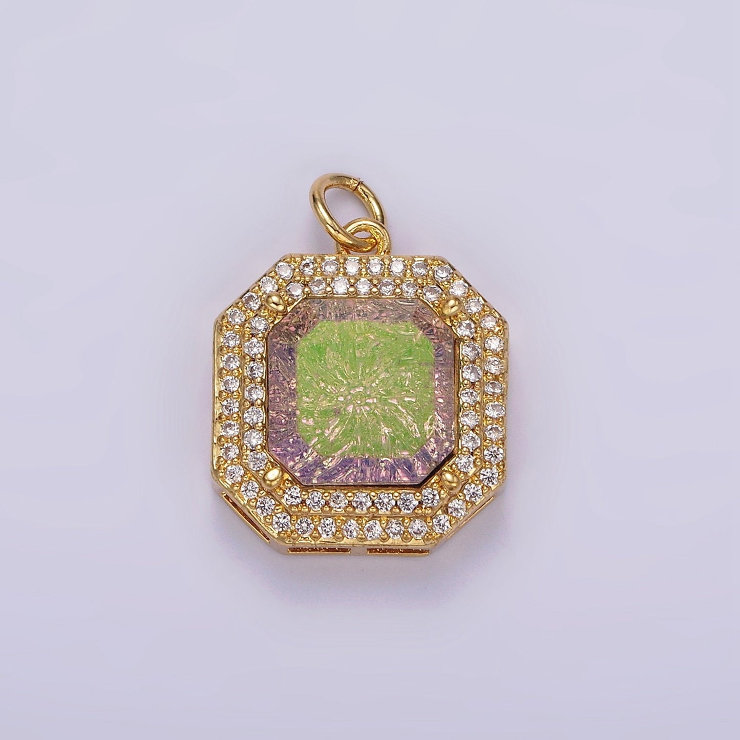 14K Gold Filled Purple Iridescent CZ Micro Paved Hexagonal Charm | AG443