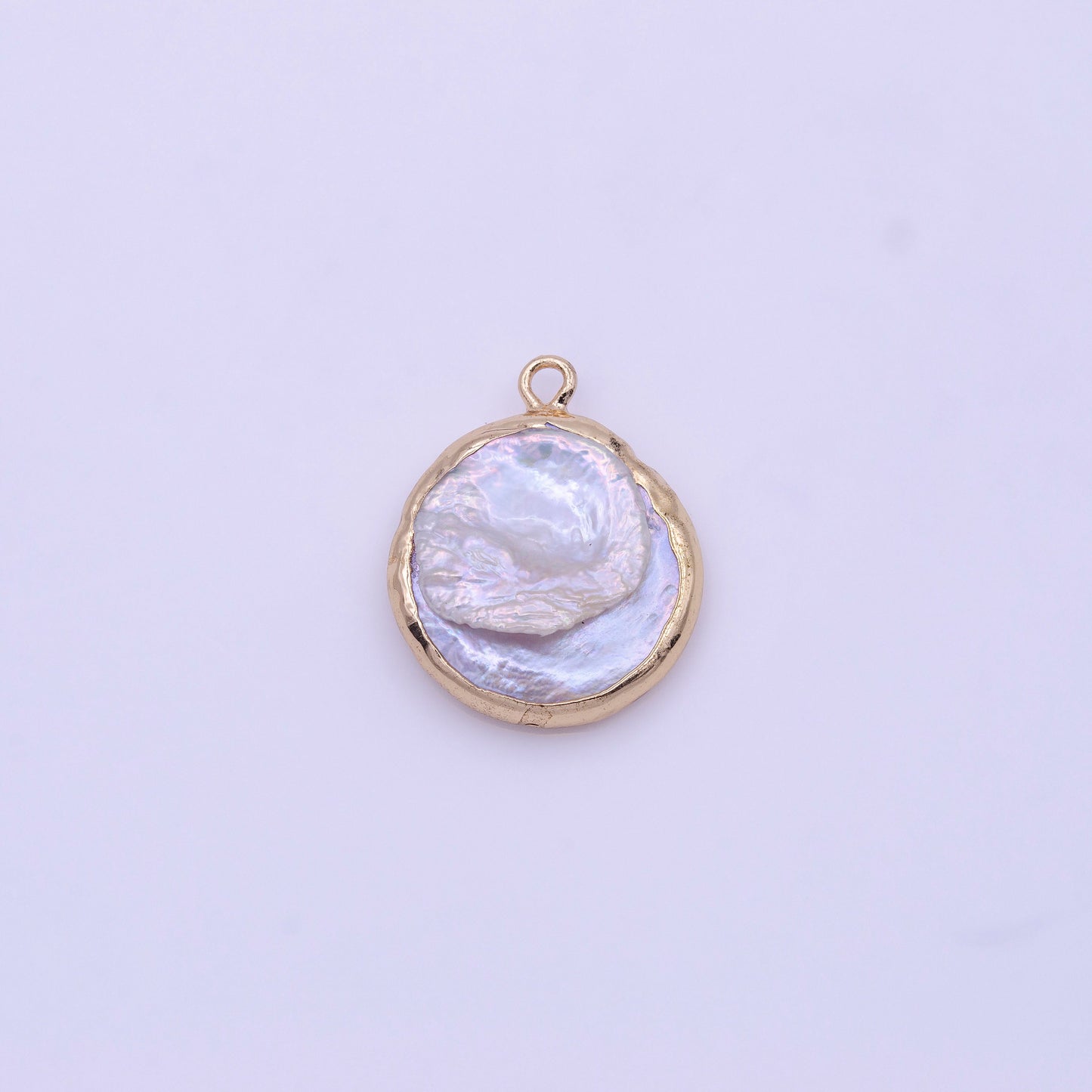 1x Natural Fresh Water Pearl with Gold Plated Edge Natural Round Coin Pendant, White Pearl charm for Bridal Wedding Jewelry Minimalist P1844