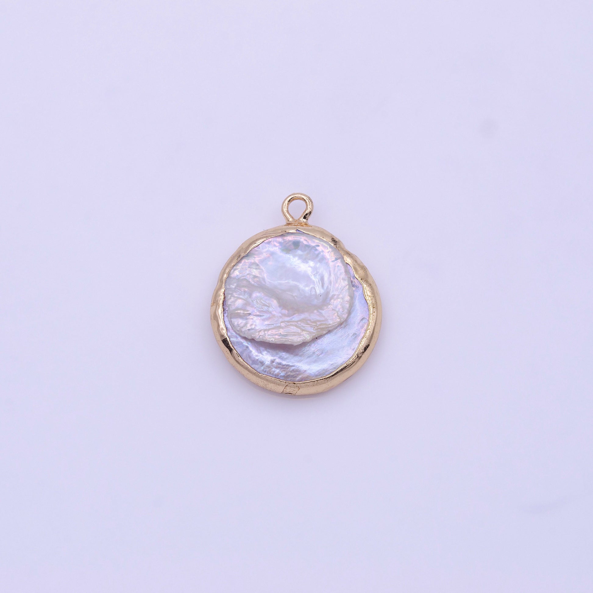 1x Natural Fresh Water Pearl with Gold Plated Edge Natural Round Coin Pendant, White Pearl charm for Bridal Wedding Jewelry Minimalist P1844