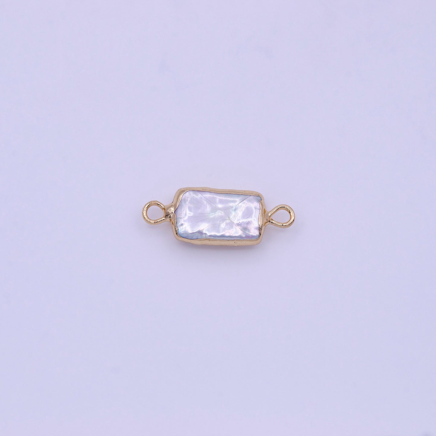 1x Freshwater Pearl Connectors, Gold Rectangle Two Loop White Charms Small Natural Shell Gold Edge Links P1849
