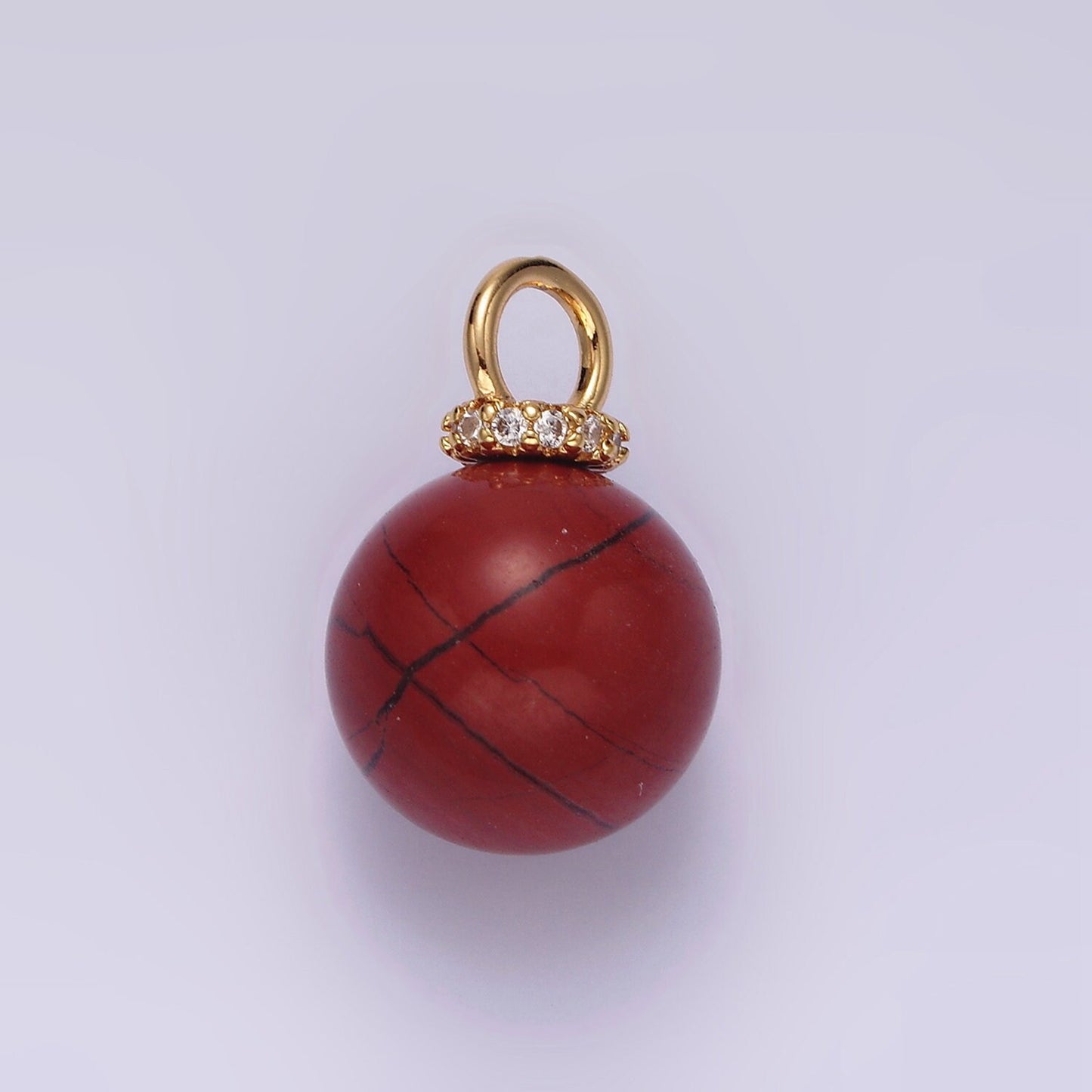 14K Gold Filled 12.5mm Red Jasper Round Sphere Ball Gemstone Micro Paved CZ Pendant | AG449
