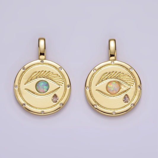 14K Gold Filled White, Blue Opal Eyes Teardrop CZ Dotted Outline Pendant | AH036 AH037